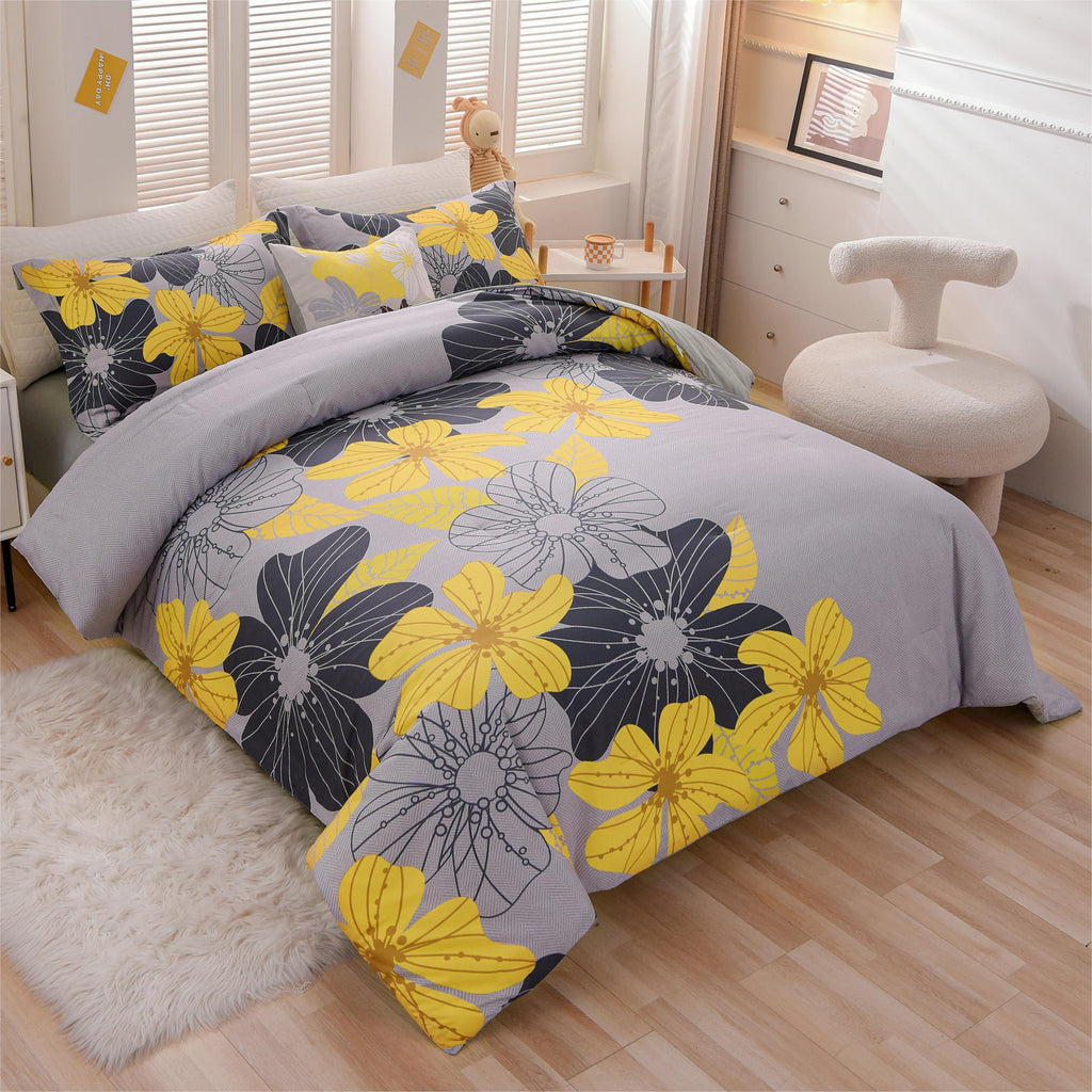 Hypoallergenic Cloud Yellow Floral Comforter Set Queen Flower Bed Set Adult Soft Botanical Boho Bedding Set - Cloud-Like Soft Lightweight Bed Comforter Detail