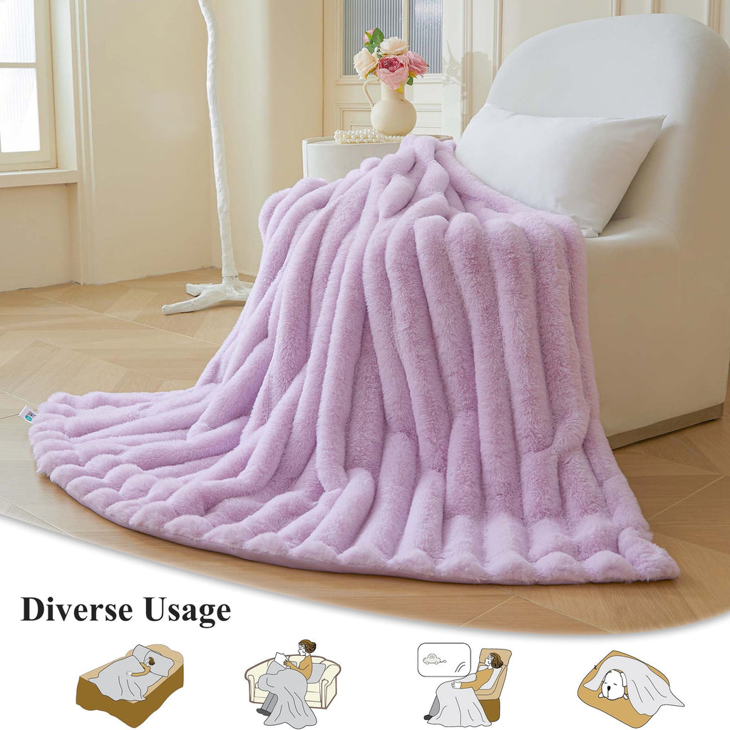 Reversible Sherpa Fluffy Faux Rabbit Fur Throw, Cozy Wide Stripe Plush Fuzzy Blanket for Bed Couch Sofa Chair, Light Purple Shaggy Thro... - Lightweight Plush Warm Blanket for All Seasons Detail
