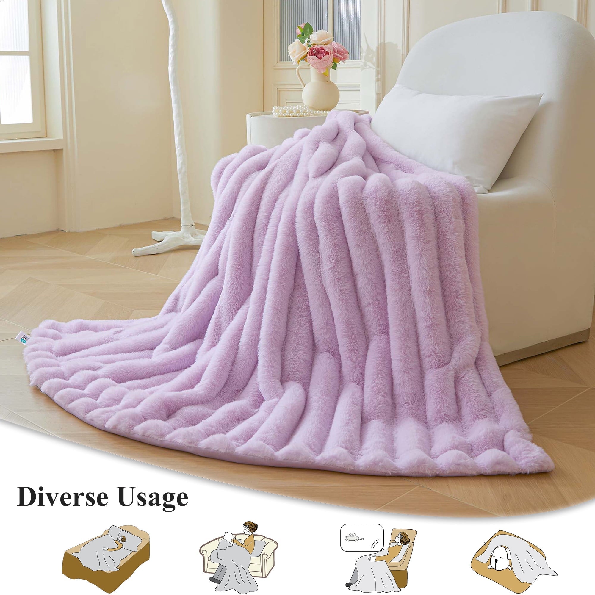 Reversible Sherpa Fluffy Faux Rabbit Fur Throw, Cozy Wide Stripe Plush Fuzzy Blanket for Bed Couch Sofa Chair, Light Purple Shaggy Thro... - Lightweight Plush Warm Blanket for All Seasons Detail