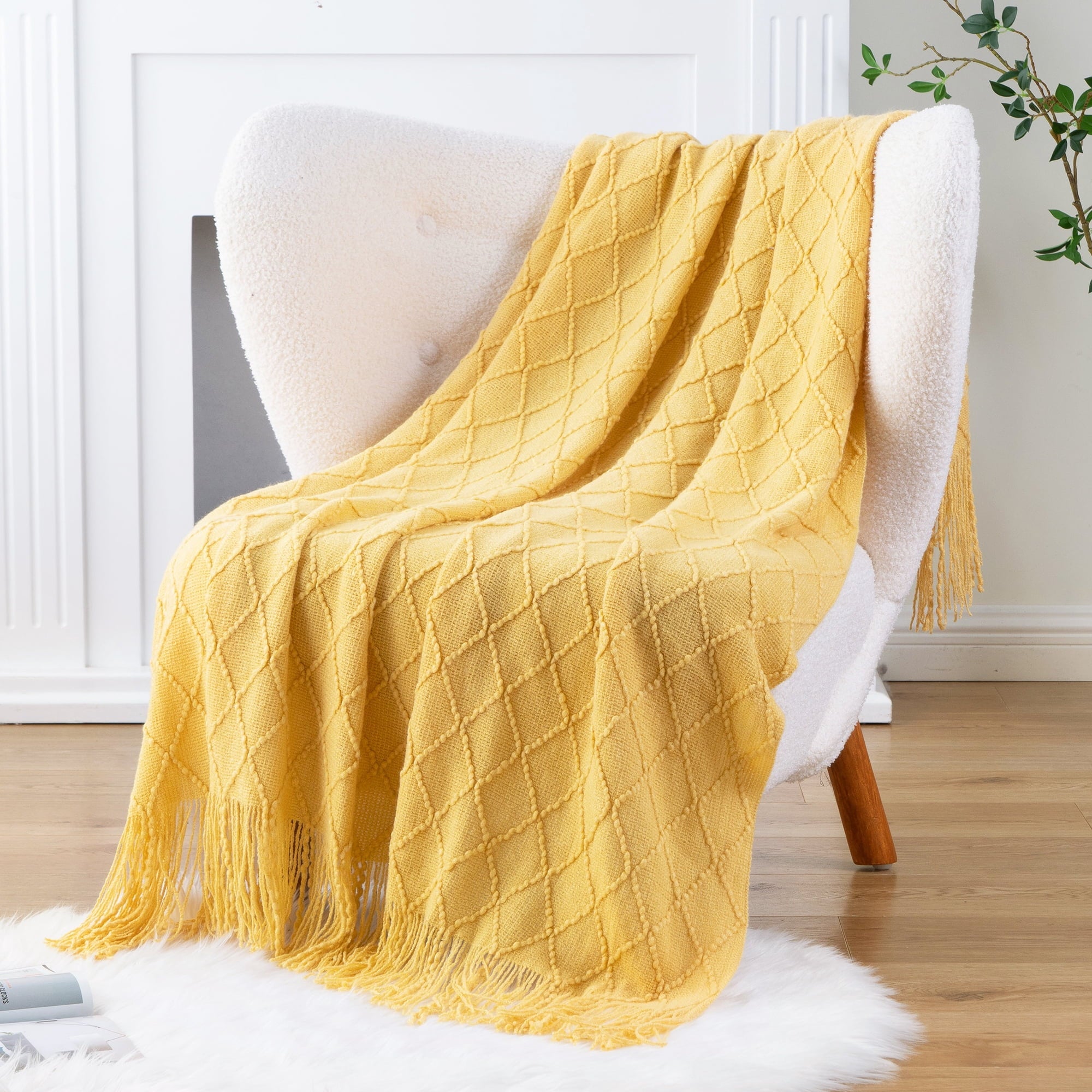 Decorative Knitted Mustard Throw Blanket for Couch,Gold Yellow Knit Throw with Fringe,Outdoor Throw ,50"x60" - Lightweight Plush Warm Blanket for All Seasons Detail