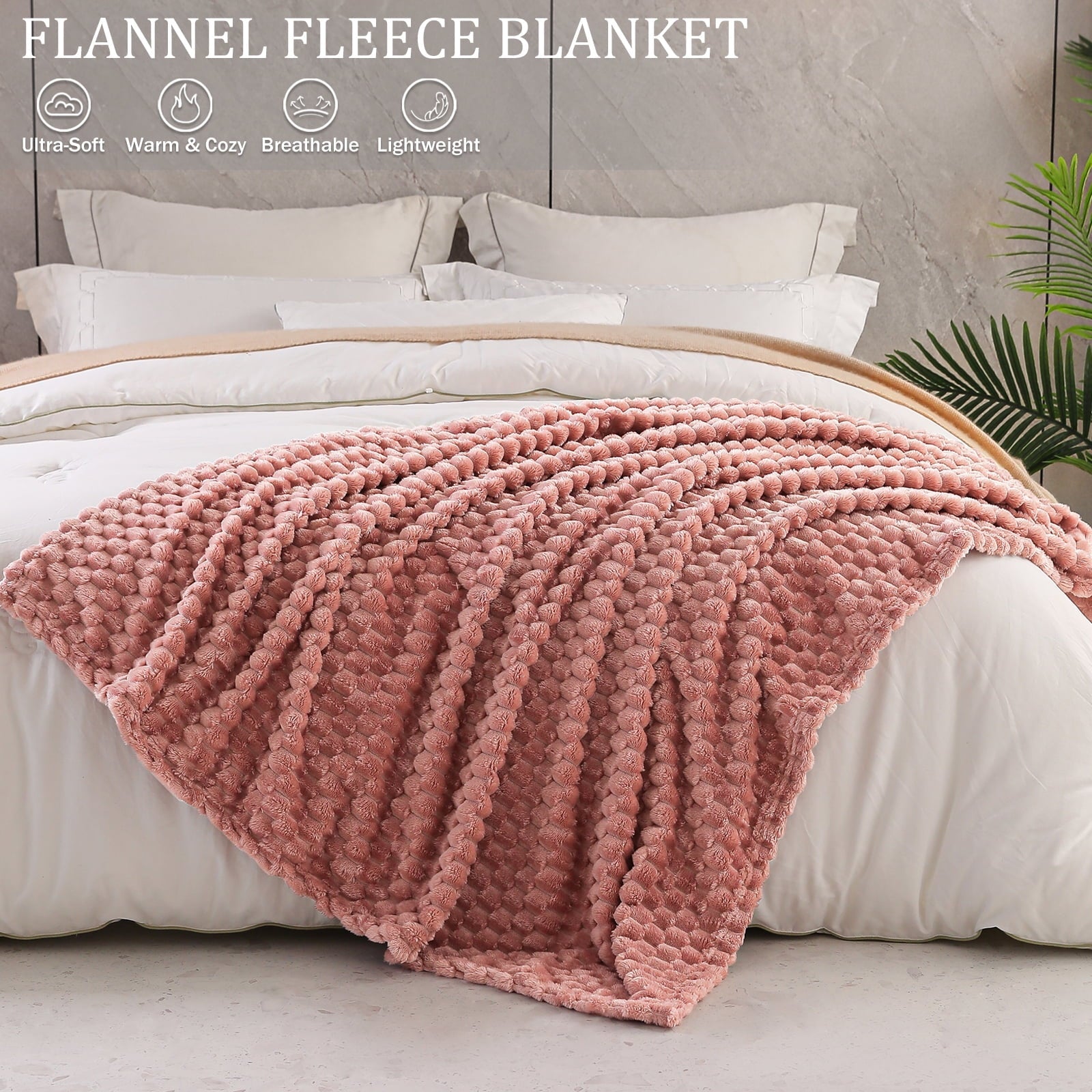Reversible Sherpa Large Soft Fleece Throw Blanket, 50"x70" Stylish Jacquard Throw Blanket for Couch, Cozy, Warm, Lightweight Dusty Pink... - Lightweight Plush Warm Blanket for All Seasons Detail