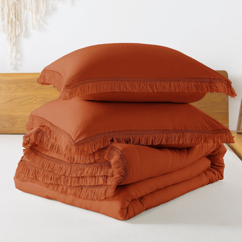 Fluffy Down Alternative King Size Comforter Sets Burnt Orange, 3 Pieces Soft Fluffy Boho Bedding Comforter Sets for King Bed, All Season Terr... - Luxurious Quilted Duvet Cover Set Detail