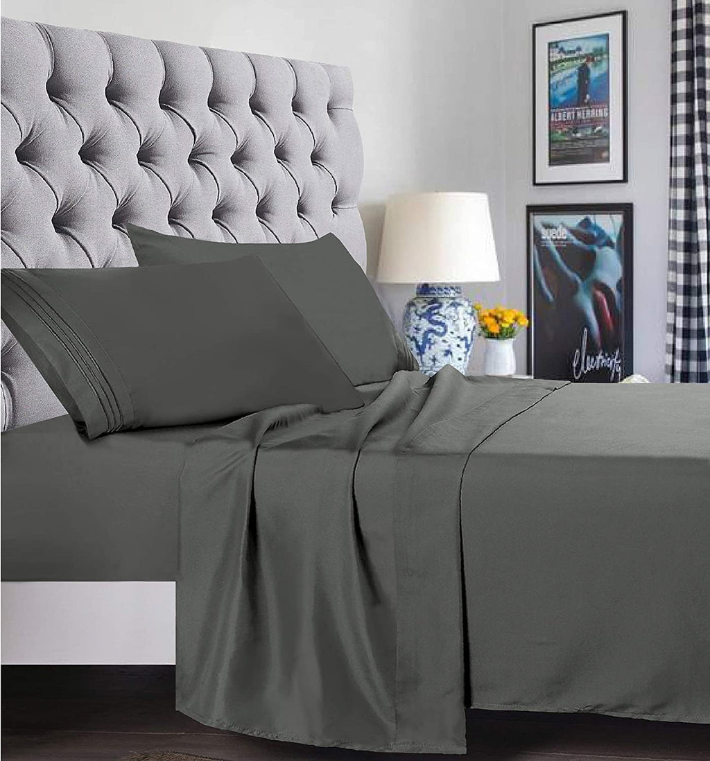 Ultra-Soft 4 Pieces Bed Sheet set Flat,Fitted,Pillowcase , Queen Grey - Breathable Egyptian Cotton Flat & Fitted Sheets Detail