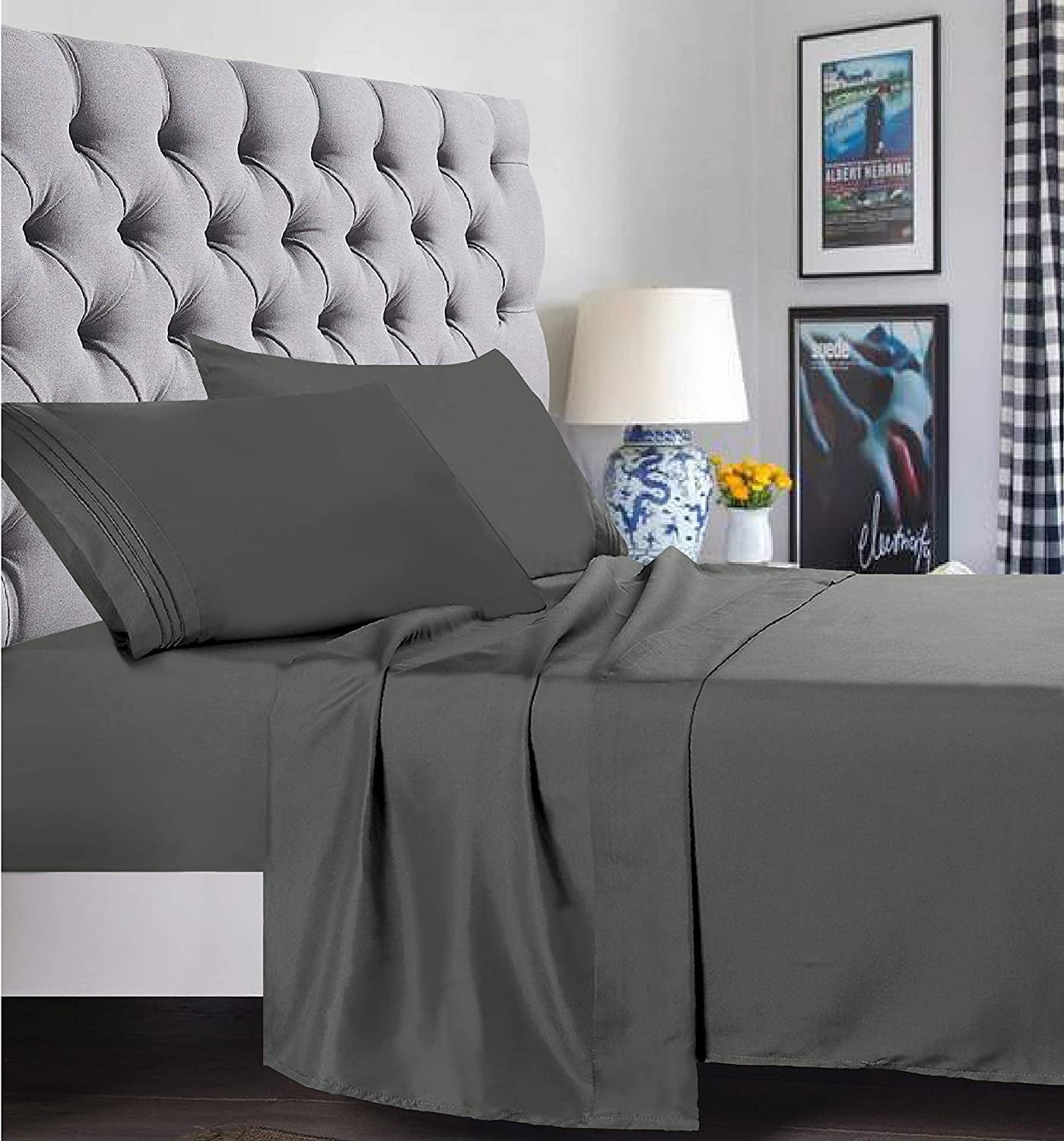 Ultra-Soft 4 Pieces Bed Sheet set Flat,Fitted,Pillowcase , Queen Grey - Breathable Egyptian Cotton Flat & Fitted Sheets Detail