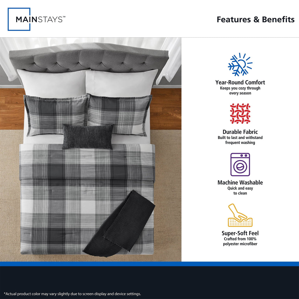 Fluffy Down Alternative Full/Queen Comforter Set, All-Season, 5-Piece, Grey Plaid - Luxurious Quilted Duvet Cover Set Detail
