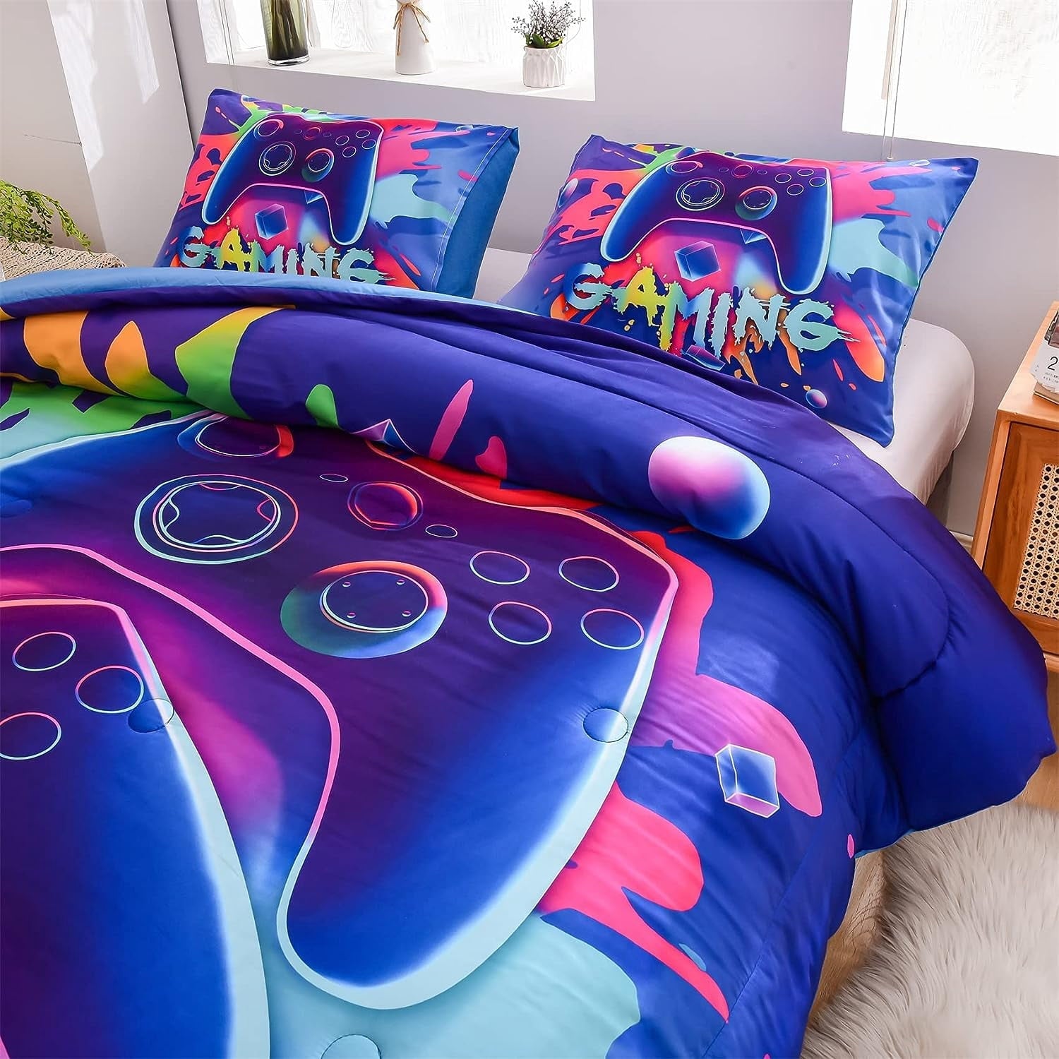 Heavyweight Warmth Purple Queen Gaming Comforter Sets for Boys Kids Bedding Sets Colorful Games Console Gamer Quilt Set - Luxurious Quilted Duvet Cover Set Detail