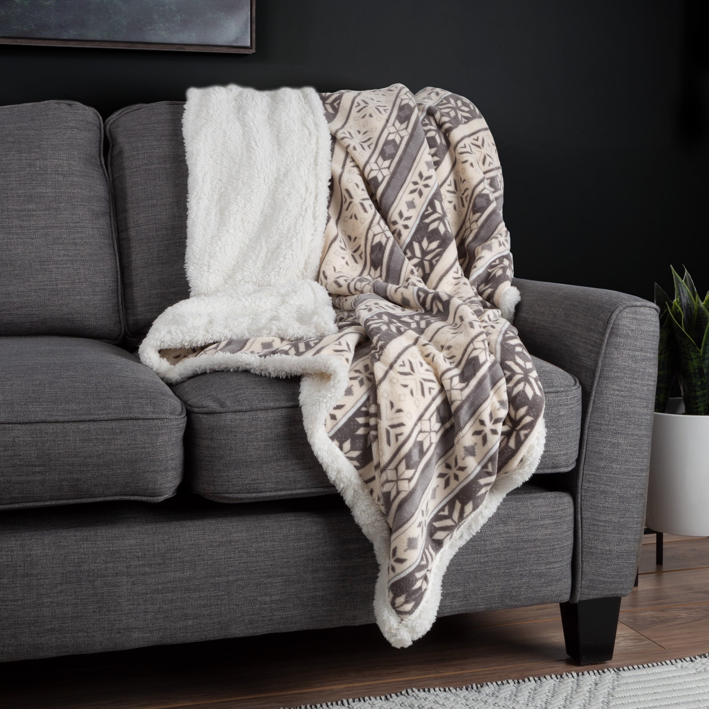 Lightweight Warm 50x60-Inch Machine Washable Fleece Blanket with Snowflakes - Luxury Knitted Decorative Throw Blanket with Fringes Detail