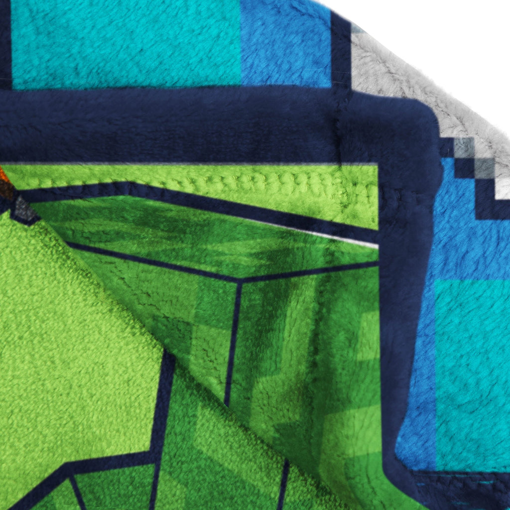 Decorative Knitted Minecraft Kids Twin/Full Blanket, 62 x 90, Microfiber, Green and Blue - Super Soft Reversible Sherpa Flannel Blanket Detail