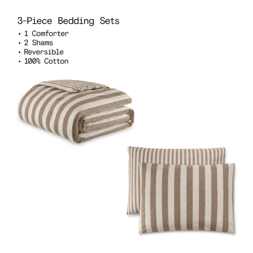 All-Season 100% Cotton Striped 3-Piece Natural Comforter Set, Full/Queen - Hypoallergenic Ultra-Fluffy Quilt for Winter Detail