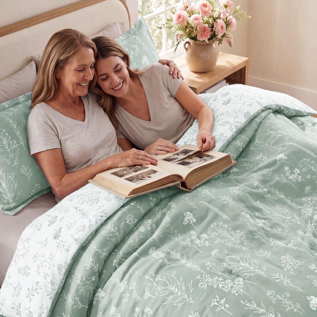All-Season 3 Pieces Sage Green Queen Size Comforter Sets, Cute Flowers Botanical Lightweight Soft Bedding Set with 2 Pillow Shams - Luxurious Quilted Duvet Cover Set Detail