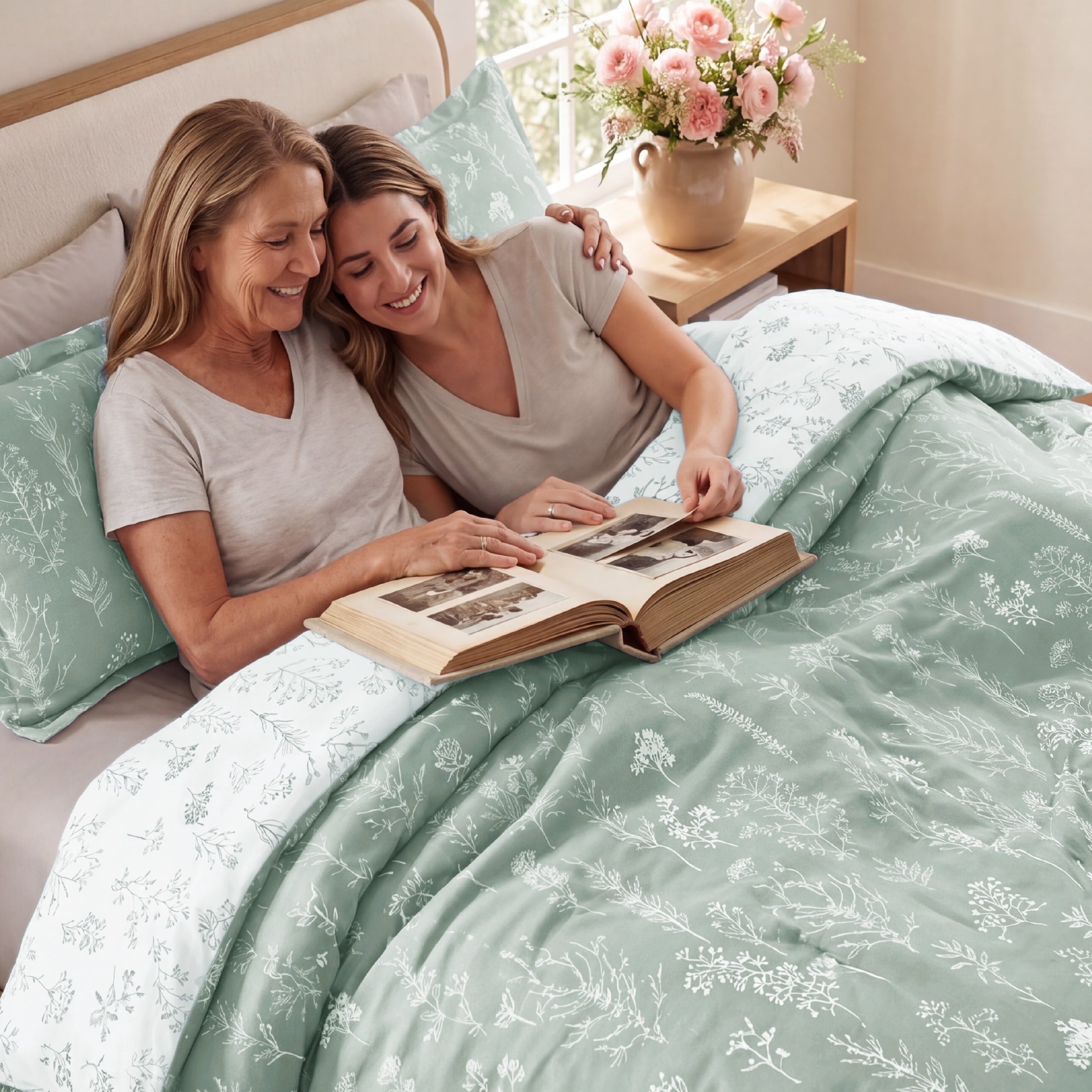 All-Season 3 Pieces Sage Green Queen Size Comforter Sets, Cute Flowers Botanical Lightweight Soft Bedding Set with 2 Pillow Shams - Luxurious Quilted Duvet Cover Set Detail