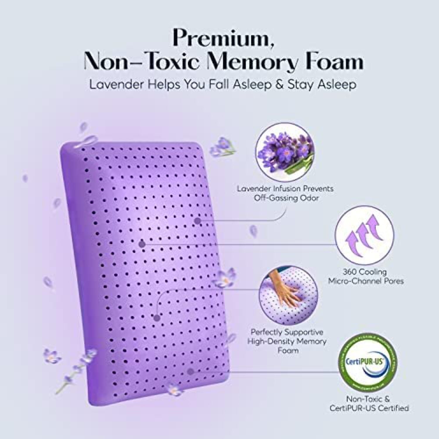Ergonomic Memory Foam Plush Zen Bed Pillow, Lavender Scented Cooling Adaptive Memory Foam Queen - Ergonomic Memory Foam Pillow for Neck Pain Support Detail