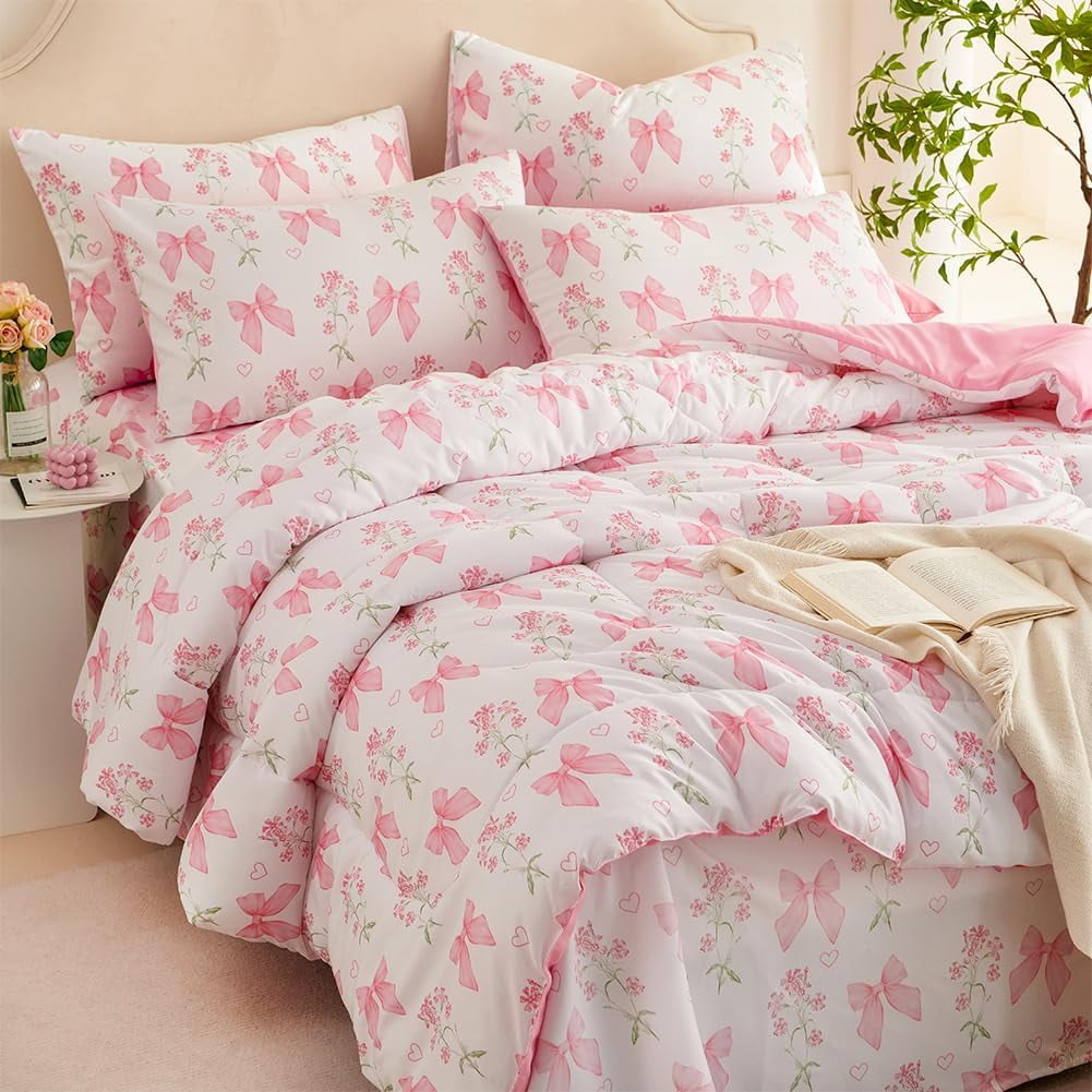 Fluffy Down Alternative Pink Bowknot Girls Comforter Set Twin Size, 3 Pieces Bows Princess Style Bedding Set for Girls for All Season - Hypoallergenic Ultra-Fluffy Quilt for Winter Detail