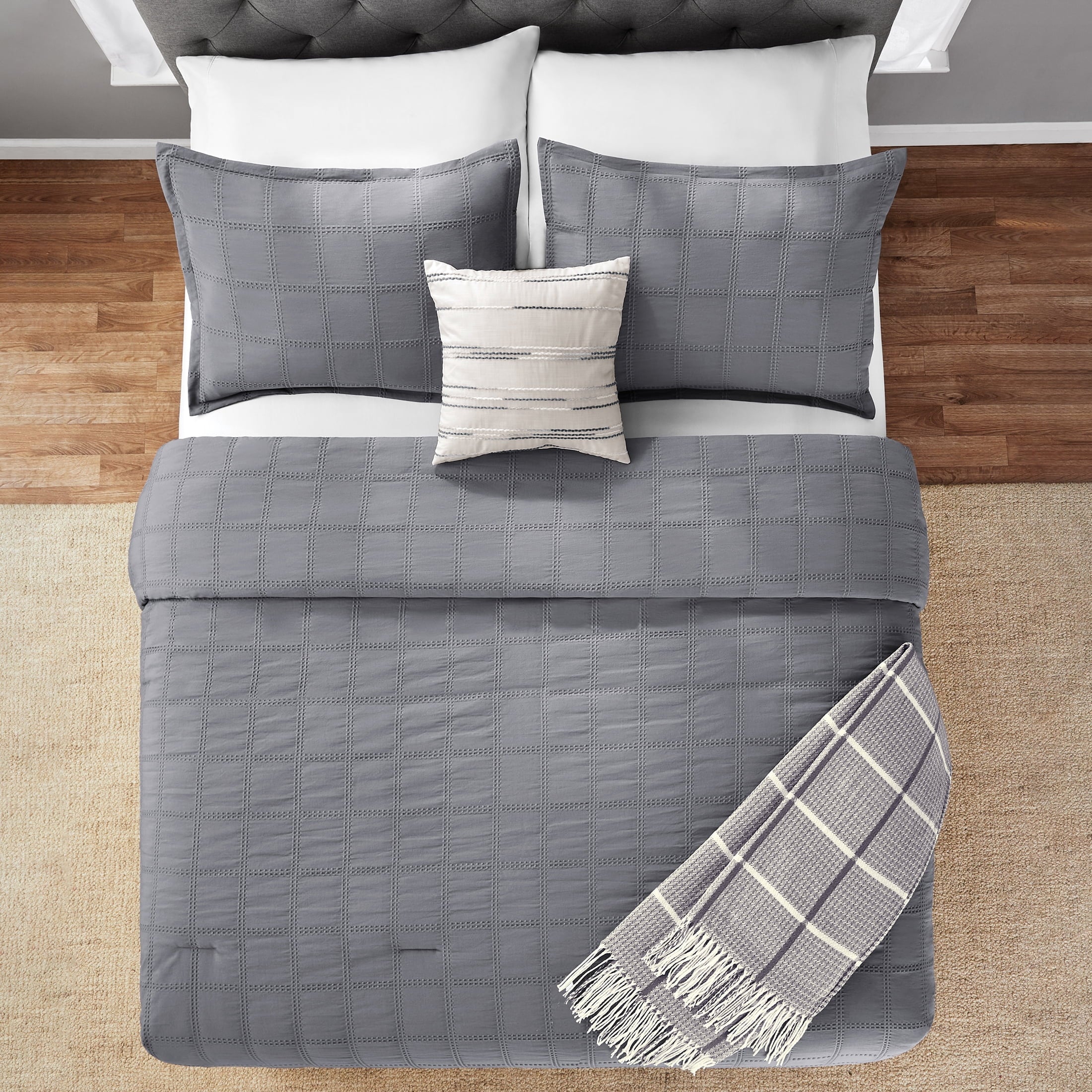 All-Season Full/Queen Comforter Set, All-Season, 5-Piece, Grey Waffle Check - Hypoallergenic Ultra-Fluffy Quilt for Winter Detail