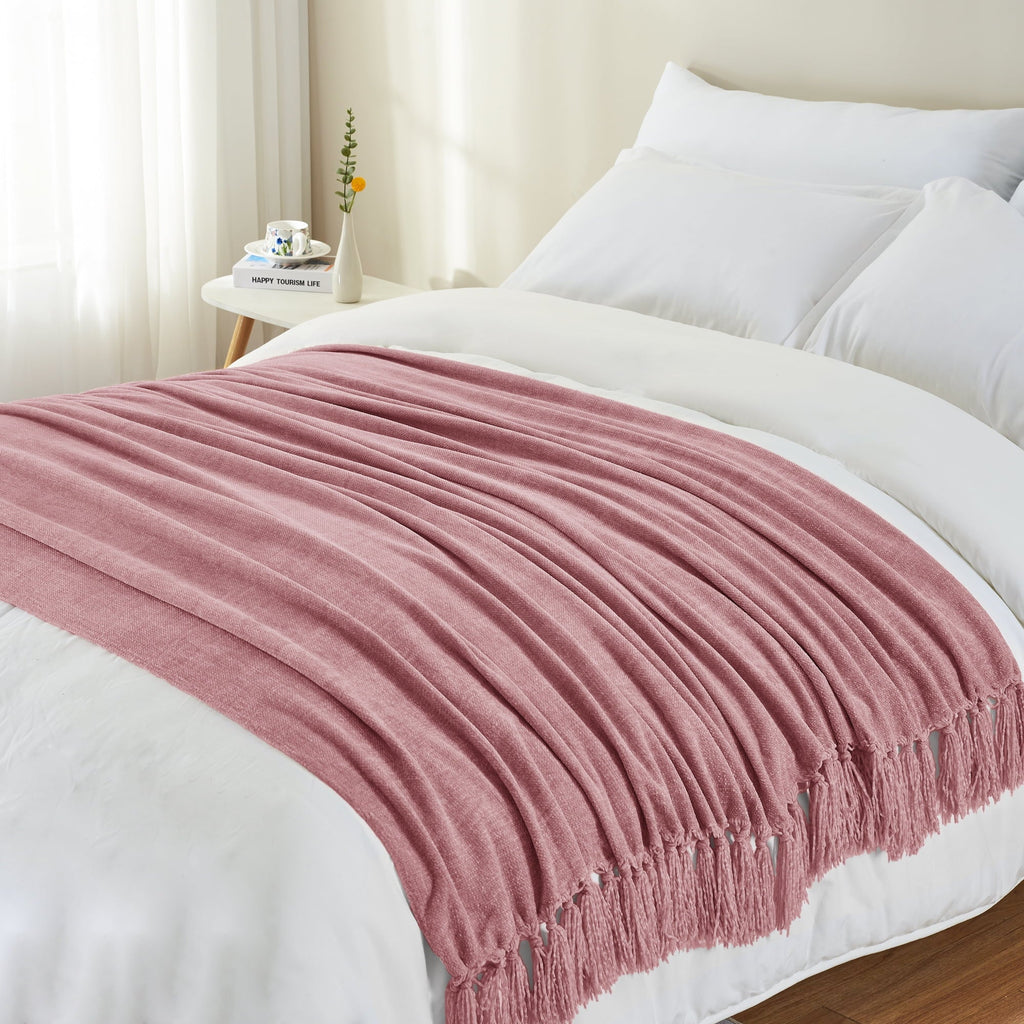 Decorative Knitted Chenille Throw Blanket with Fringe Tassel for Couch Sofa Chair Bed, Mauve 50" X 70" - Luxury Knitted Decorative Throw Blanket with Fringes Detail