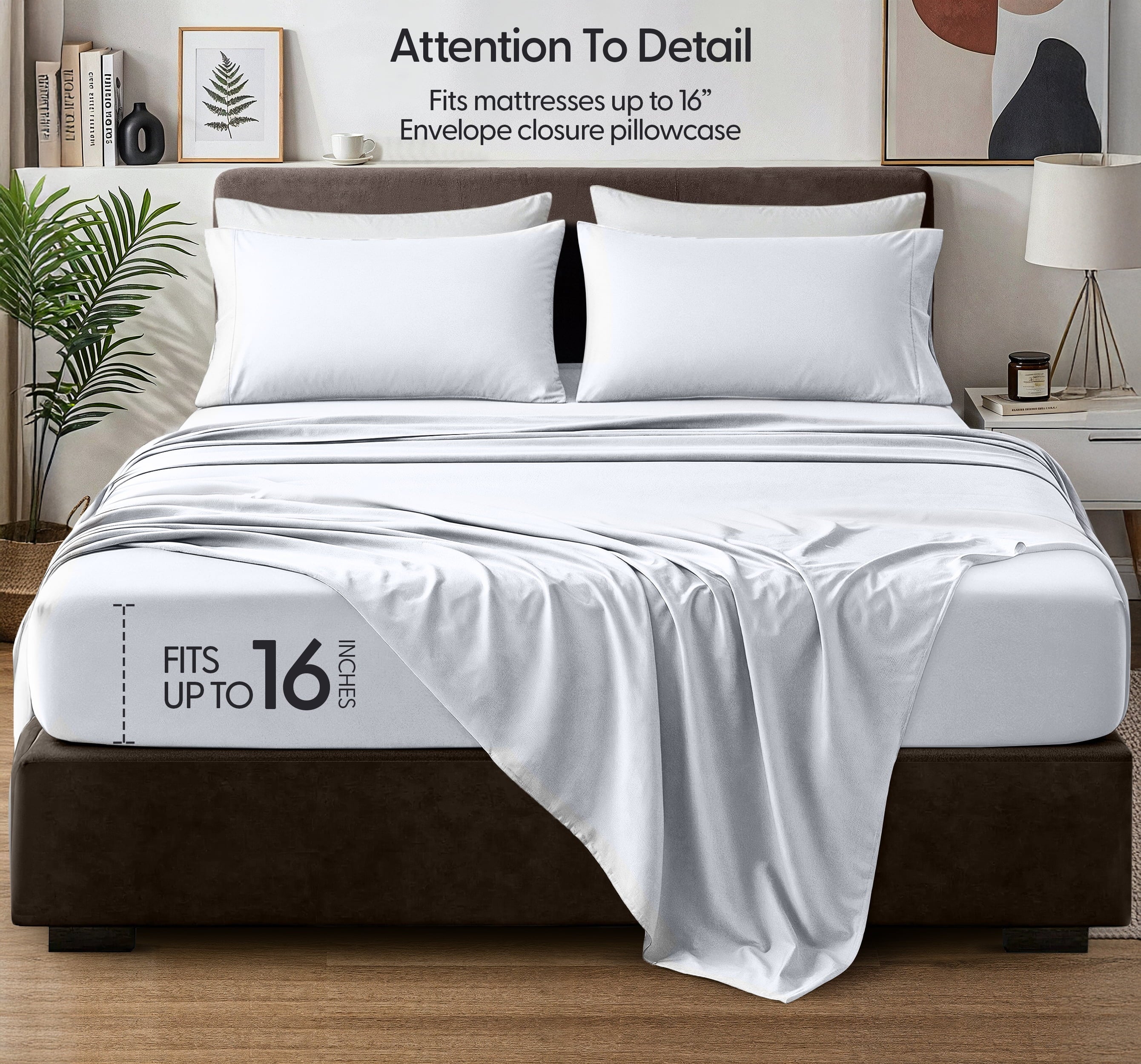 Premium Egyptian Cotton Queen Size Bed Sheet Set in Bright White – 4 Piece Microfiber Sheets, Ultra-Soft, Deep Pocket, Wrinkle-Resistant, Eas... - Cooling Hotel Quality Bedding Sheets and Pillowcases Detail