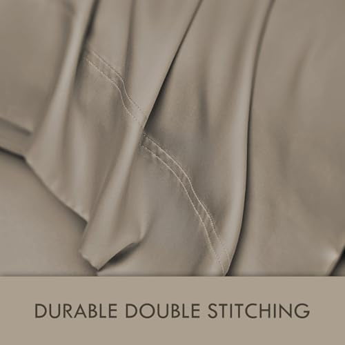Wrinkle-Resistant Home 4-Piece Queen Bamboo Bed Sheet Set, 100% Organic Cooling Fabric, 16" Deep Pocket, Taupe - Premium Ultra-Soft Pillowcase Pair for Sleeping Detail