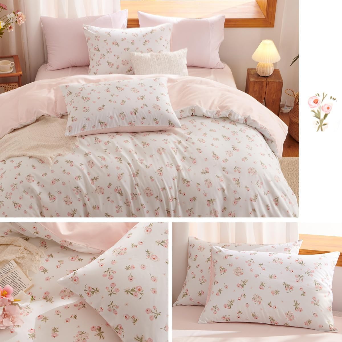 Fluffy Down Alternative Pink loyalty Floral Comforter Queen Sets, 3 Pieces Chic Botanical Pink White Floral Reversible Comforter for All Season - Cloud-Like Soft Lightweight Bed Comforter Detail
