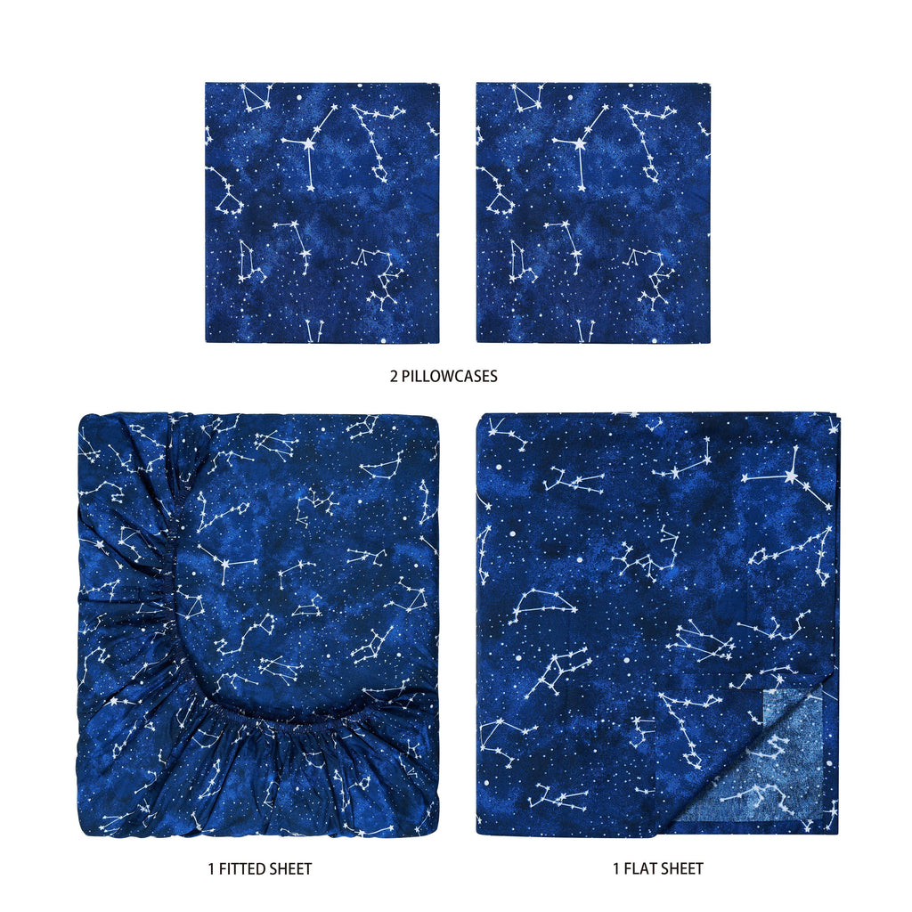 Breathable Luxury Kids Soft Microfiber Sheet Set, Navy Blue Stars, Full, 4 Pieces, Easy Care - Breathable Egyptian Cotton Flat & Fitted Sheets Detail