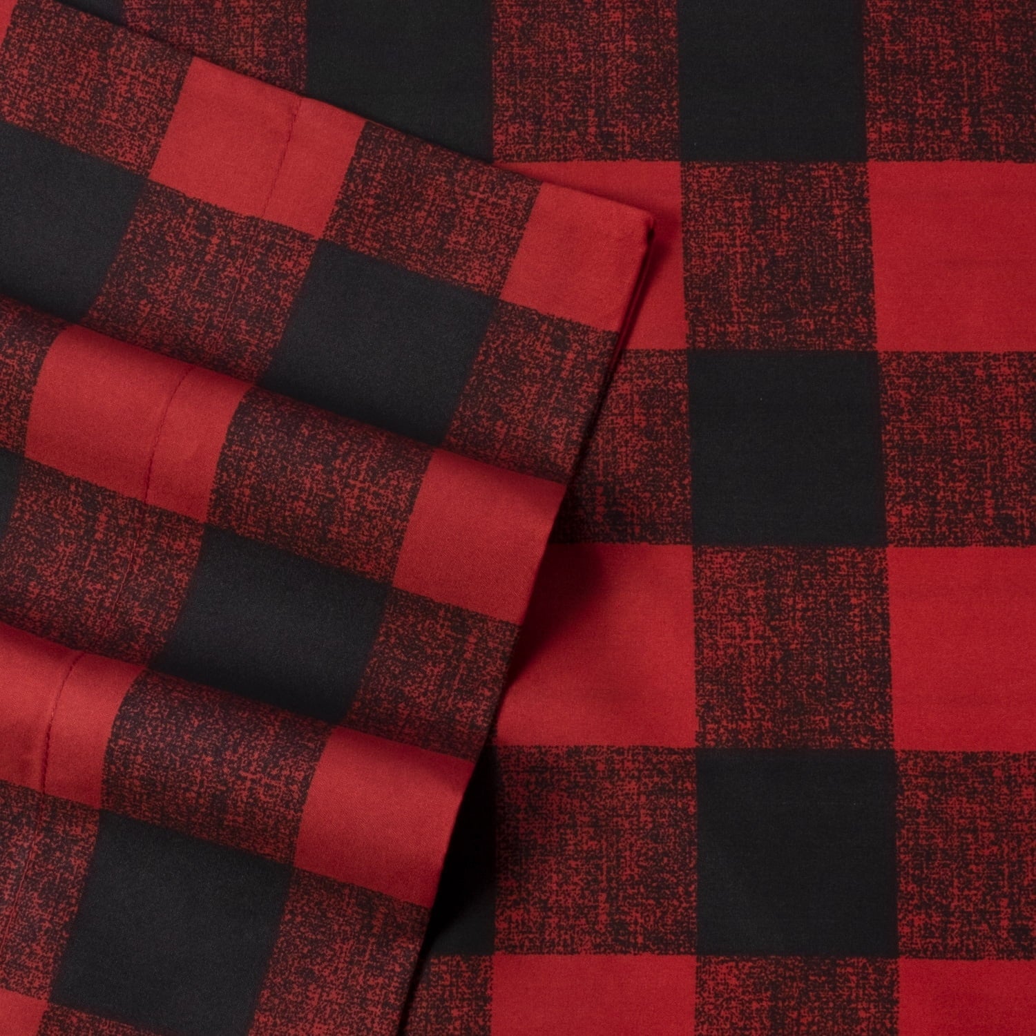 Breathable Luxury Buffalo Plaid Black and Red 4 Piece Bed Sheet Set - Twin - Premium Ultra-Soft Pillowcase Pair for Sleeping Detail