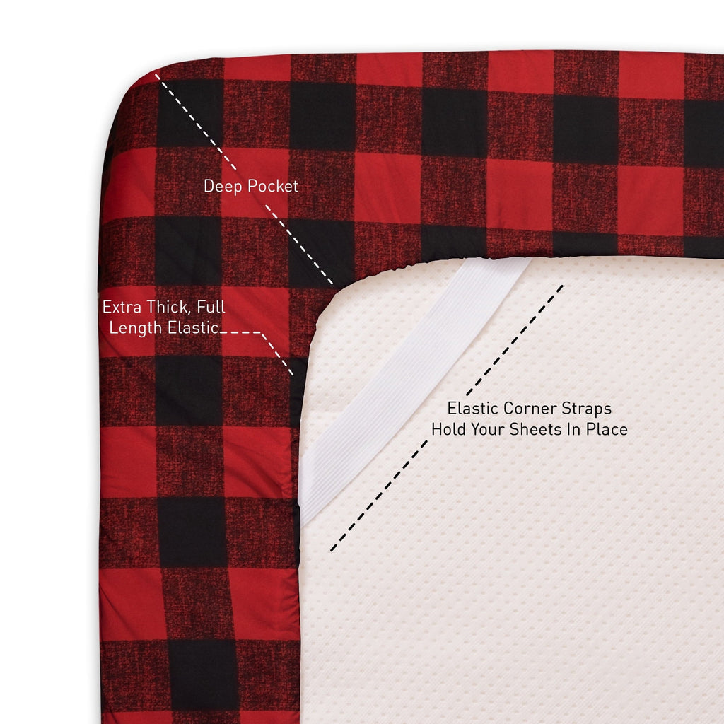 Breathable Luxury Buffalo Plaid Black and Red 4 Piece Bed Sheet Set - Twin - Premium Ultra-Soft Pillowcase Pair for Sleeping Detail