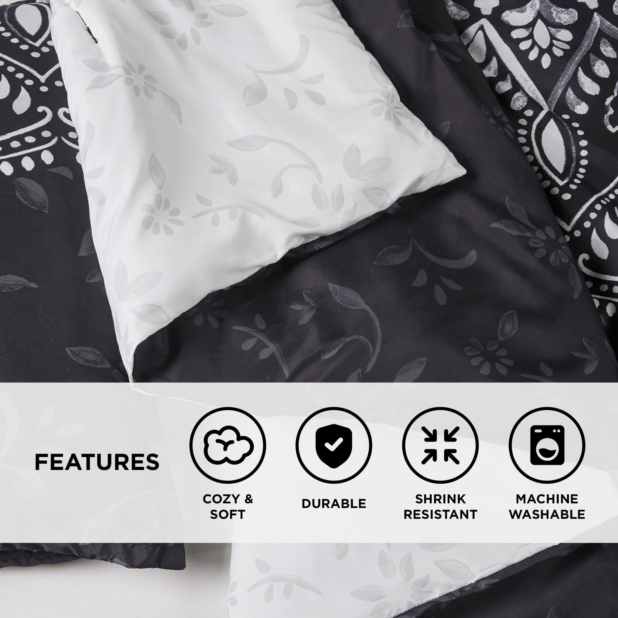 Luxurious Quilted Queen Comforter Set, Bedding Comforter Set Queen Size W/ Side Pockets, Black, 9 Pieces - Luxurious Quilted Duvet Cover Set Detail