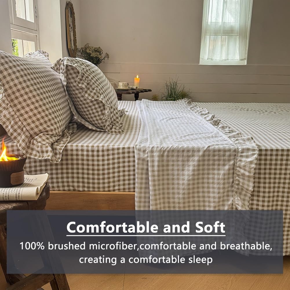 Premium Egyptian Cotton Tan Gingham Ruffle Queen Sheet Set, Taupe Soft Pre-Washed Microfiber Plaid Ruffled Queen Bed Sheets, 4-Pieces Farmhou... - Cooling Hotel Quality Bedding Sheets and Pillowcases Detail