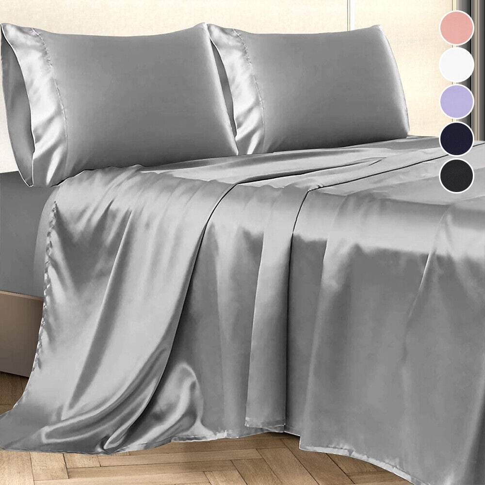 Ultra-Soft Twin Silk Gray Bed Sheet Set Deep Pocket Bed Flat Fitted Sheet, 3-Pieces - Breathable Egyptian Cotton Flat & Fitted Sheets Detail