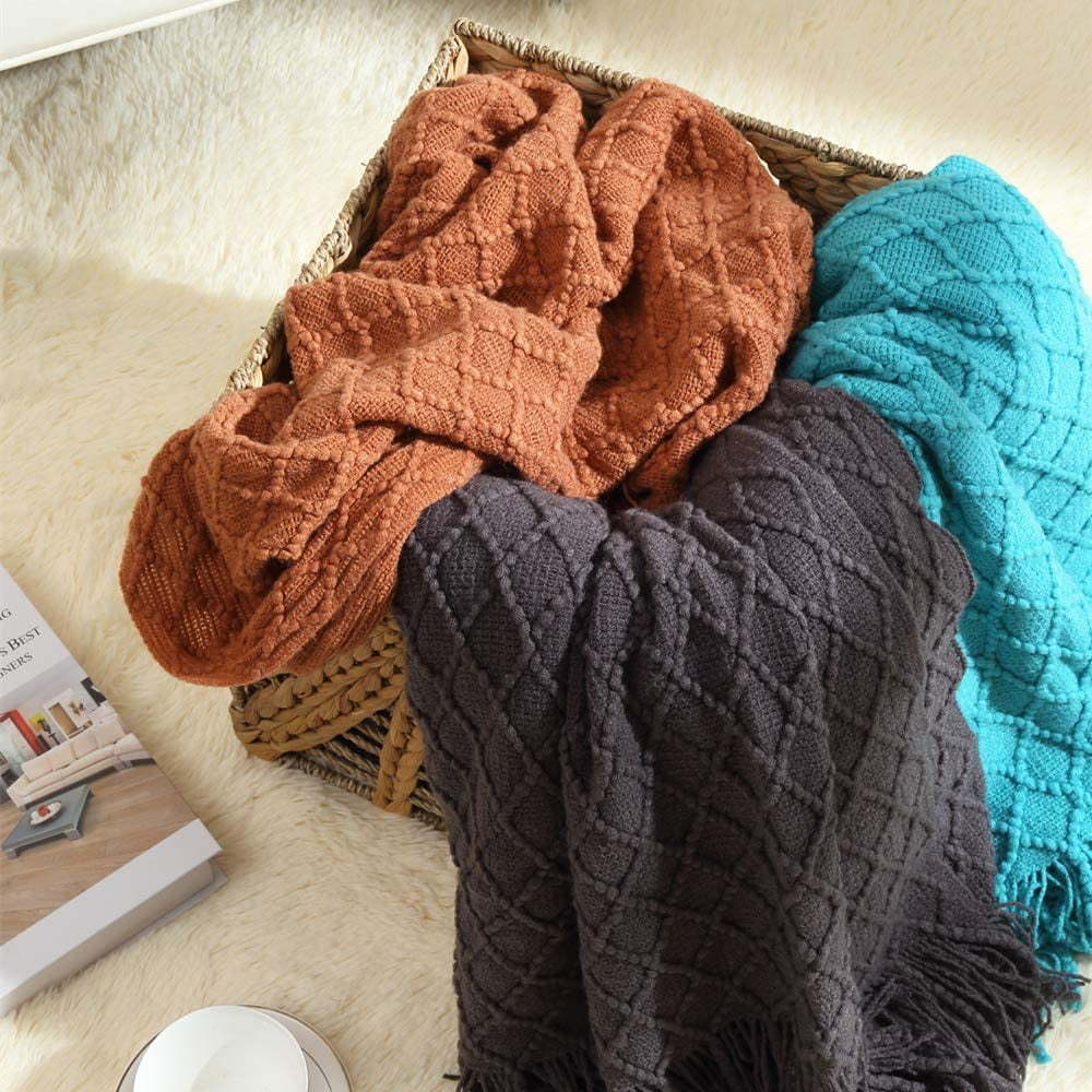 Super Soft Flannel Home Decor Rustic Couch Sofa Chair Bed Throw Blanket, Soft Warm Light Weight in Spring Summer (50''X60'' Brown) - Luxury Knitted Decorative Throw Blanket with Fringes Detail