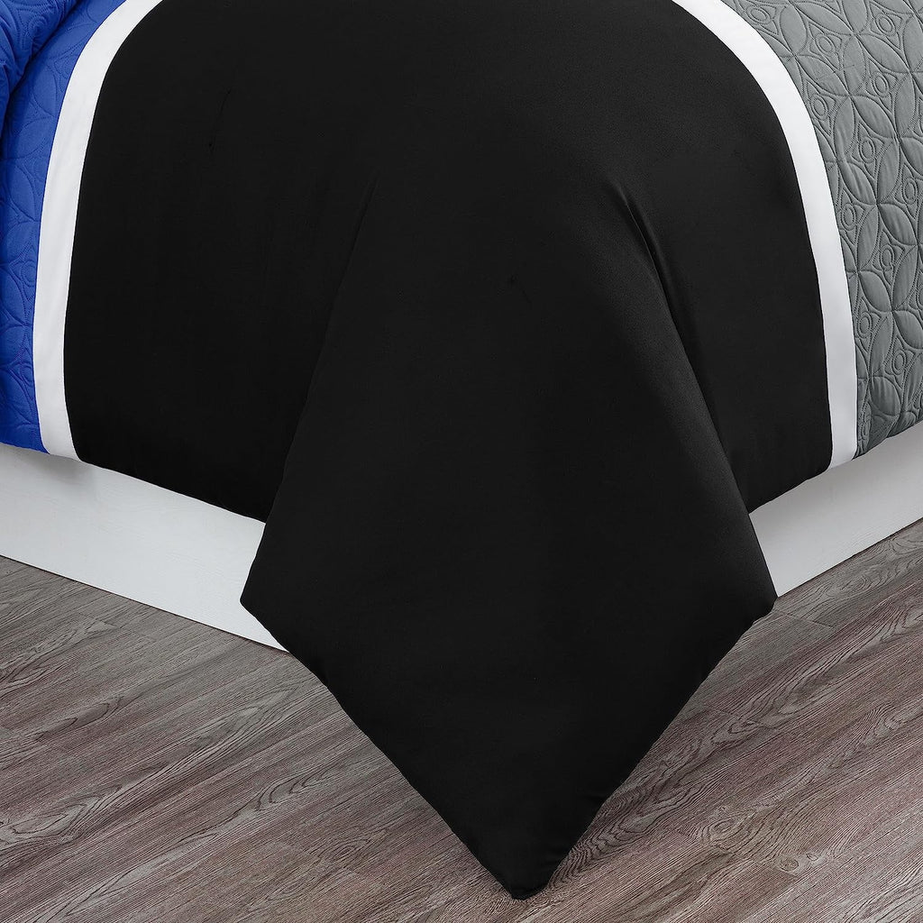 Luxurious Quilted Bernard 7-Piece Full Bed in a Bag Comforter Set with Sheets, Lightweight Comforter Blue Black Gray Patchwork Quilted ... - Luxurious Quilted Duvet Cover Set Detail