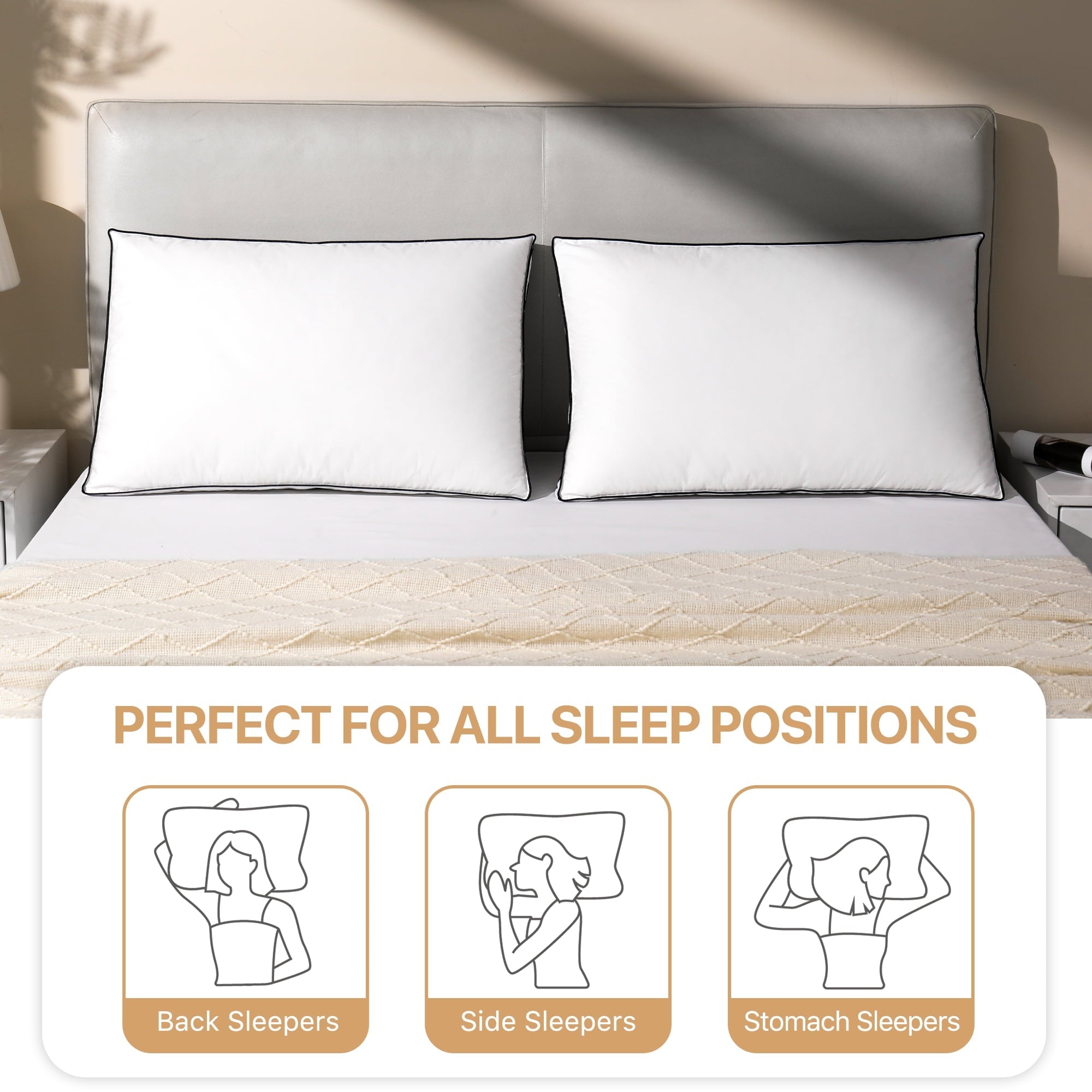 Decorative Plump Gusseted Feather Down Pillow Set of 2, Medium Firm Hotel Bed Pillows 2 Pack, Queen Size for Side Sleepers, 20 x 30 in - Ergonomic Memory Foam Pillow for Neck Pain Support Detail