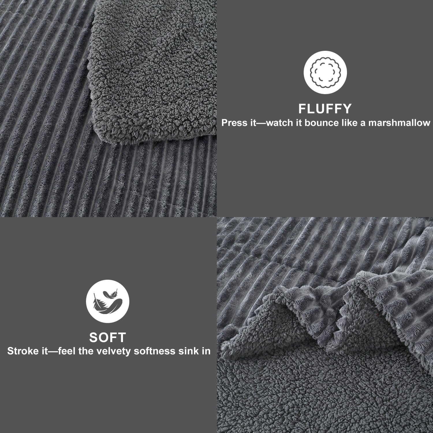 Hypoallergenic Cloud 3 Piece Fleece Queen Comforter Set - Soft & Warm Fluffy Dark Gray Sherpa Bedding , Fuzzy Heavy Double Sided Design Wi... - All-Season Down Alternative Comforter Insert Detail
