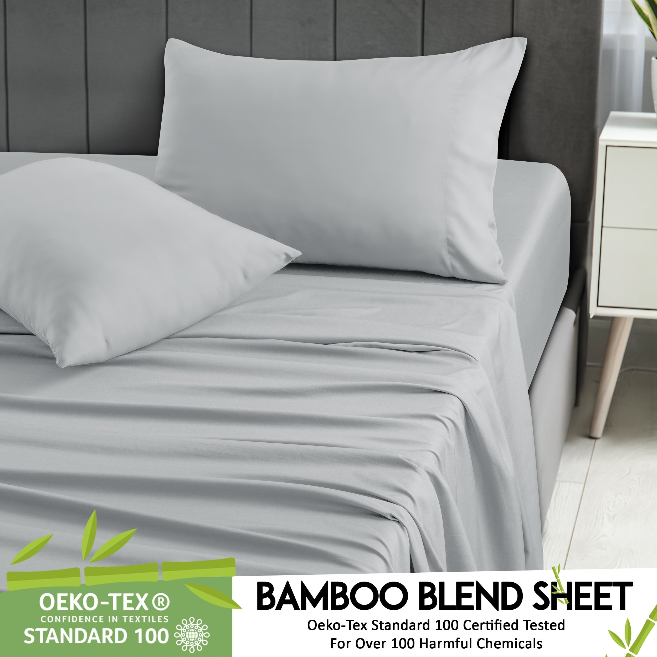 Wrinkle-Resistant Rayon - 4 Piece Cooling Bed Sheets Set, Gray - Premium Ultra-Soft Pillowcase Pair for Sleeping Detail