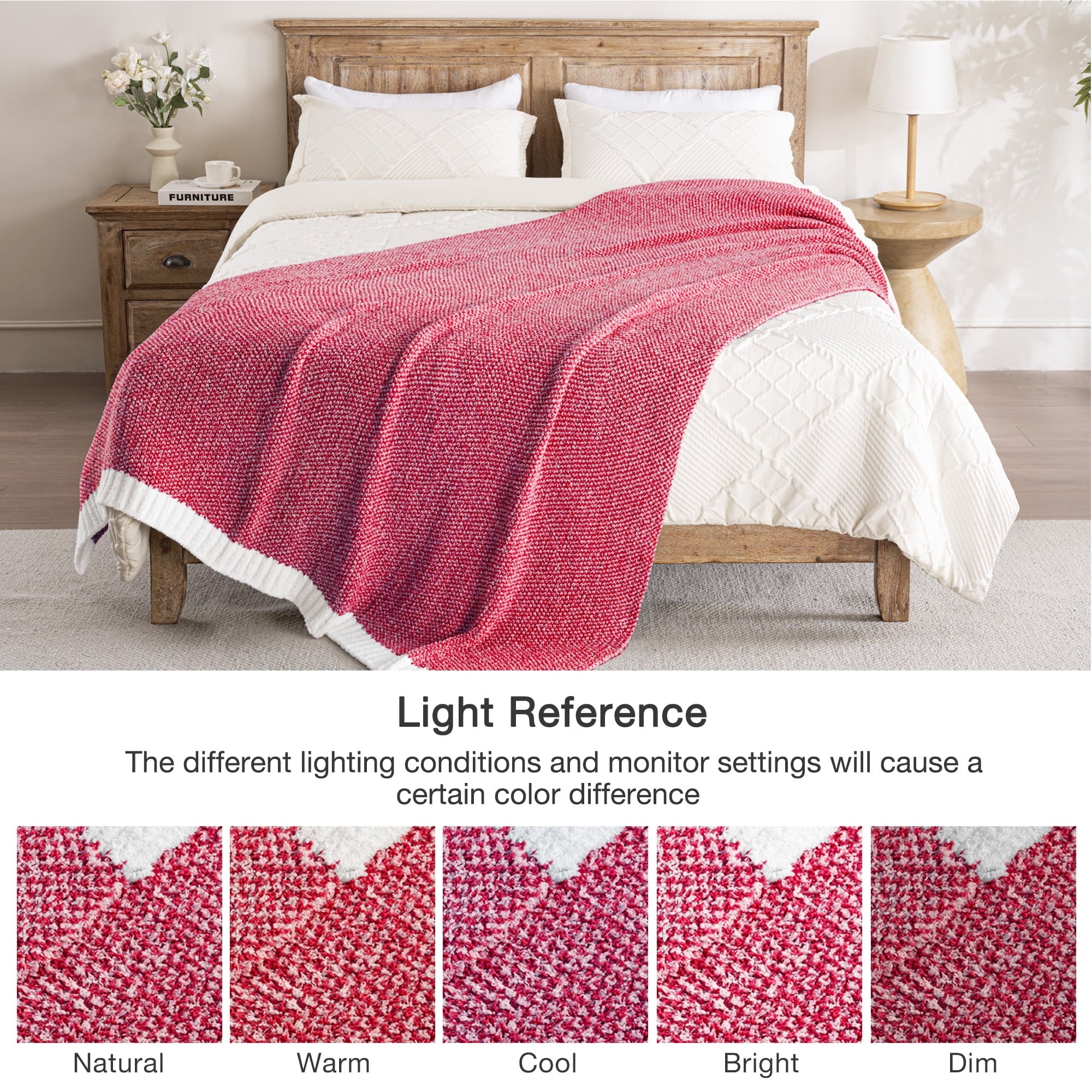 Lightweight Warm Knit Throw Blanket, Ultra Soft Cozy Fluffy Blankets, Lightweight Fuzzy Plush Throw for Couch and Bed, Mixed Red, 50"x60" - Luxury Knitted Decorative Throw Blanket with Fringes Detail