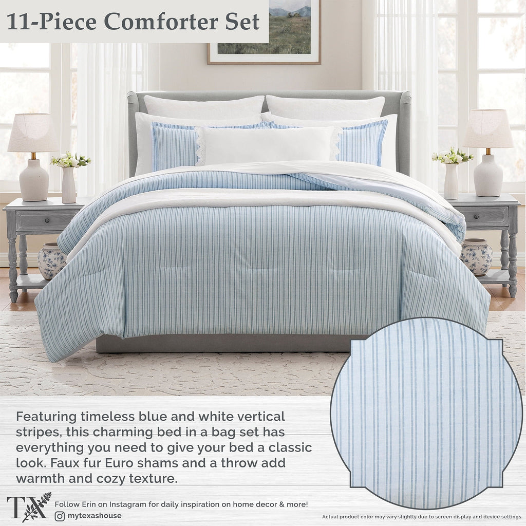 Fluffy Down Alternative Stripe 11-Piece Comforter Set with Sheets, Blue, Queen - Luxurious Quilted Duvet Cover Set Detail