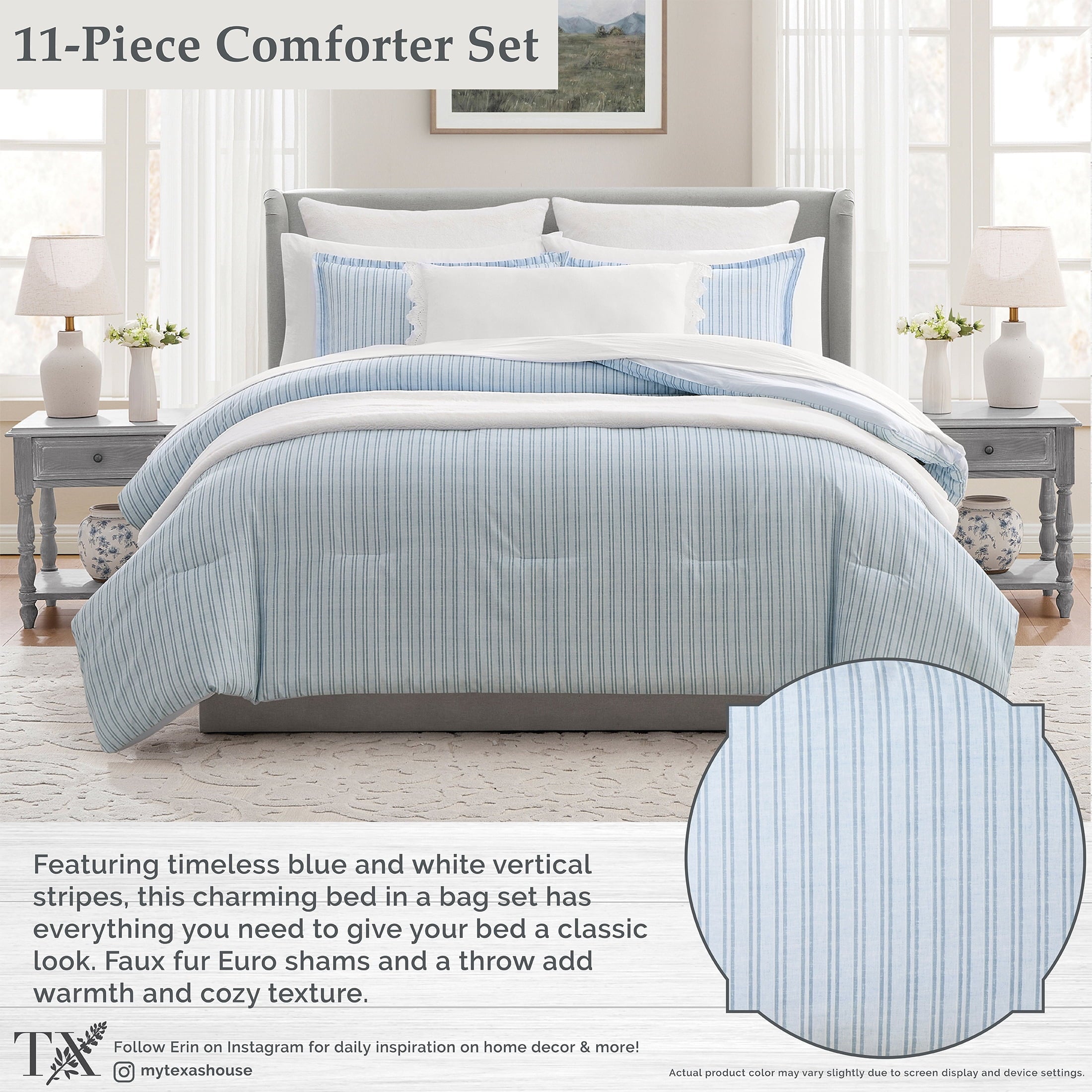 Fluffy Down Alternative Stripe 11-Piece Comforter Set with Sheets, Blue, Queen - Luxurious Quilted Duvet Cover Set Detail