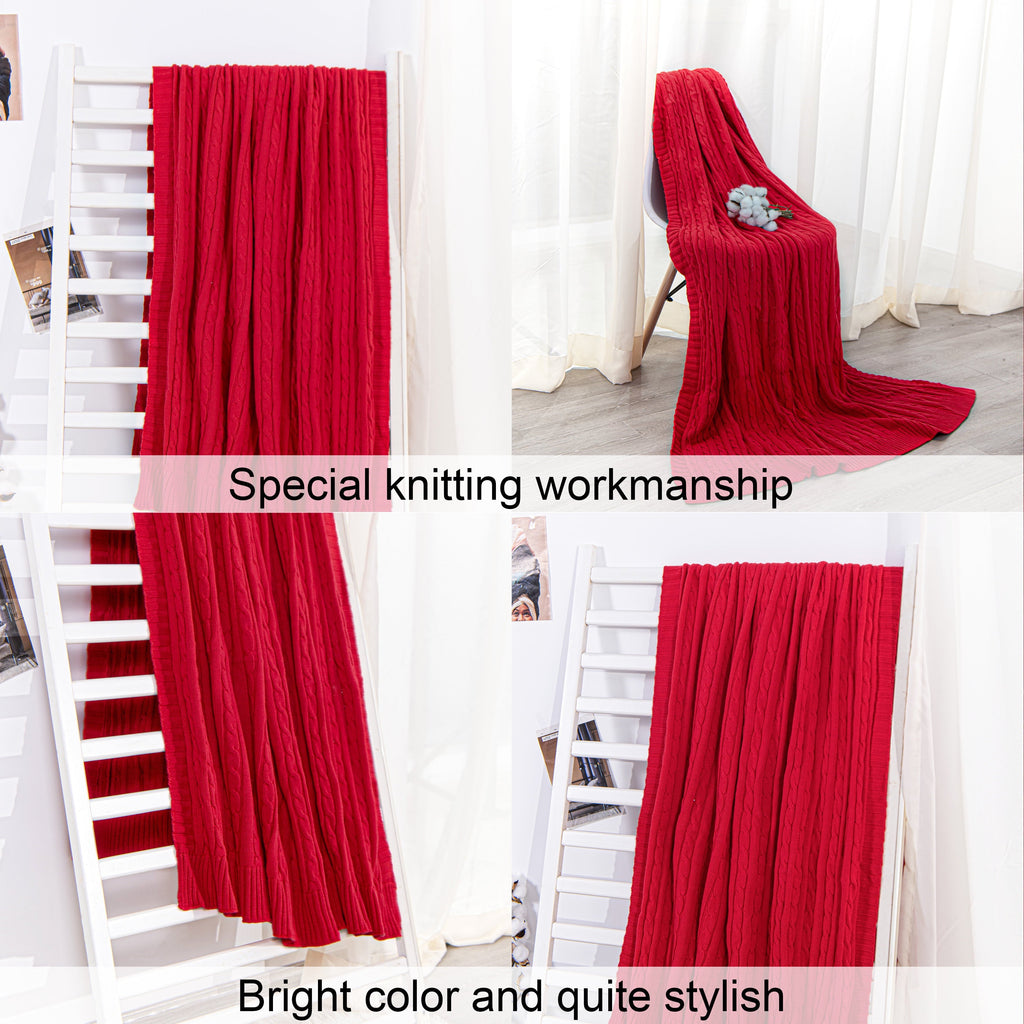 Cozy Fleece 100% Cotton Cable Knit Throw, Super Soft Warm Knitted Blanket Home Decor, 51"x67", Red - Cozy Fleece Throw Blanket for Couch & Bed Detail