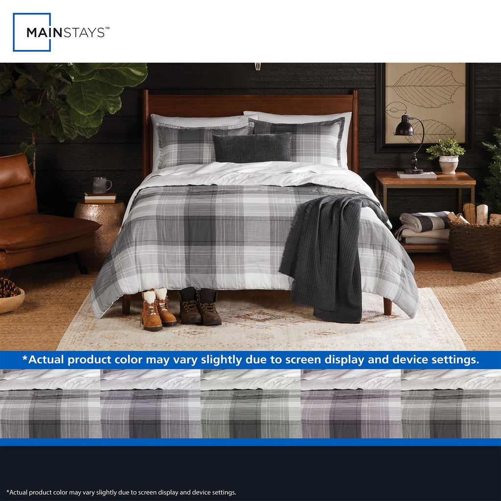Fluffy Down Alternative Full/Queen Comforter Set, All-Season, 5-Piece, Grey Plaid - Luxurious Quilted Duvet Cover Set Detail