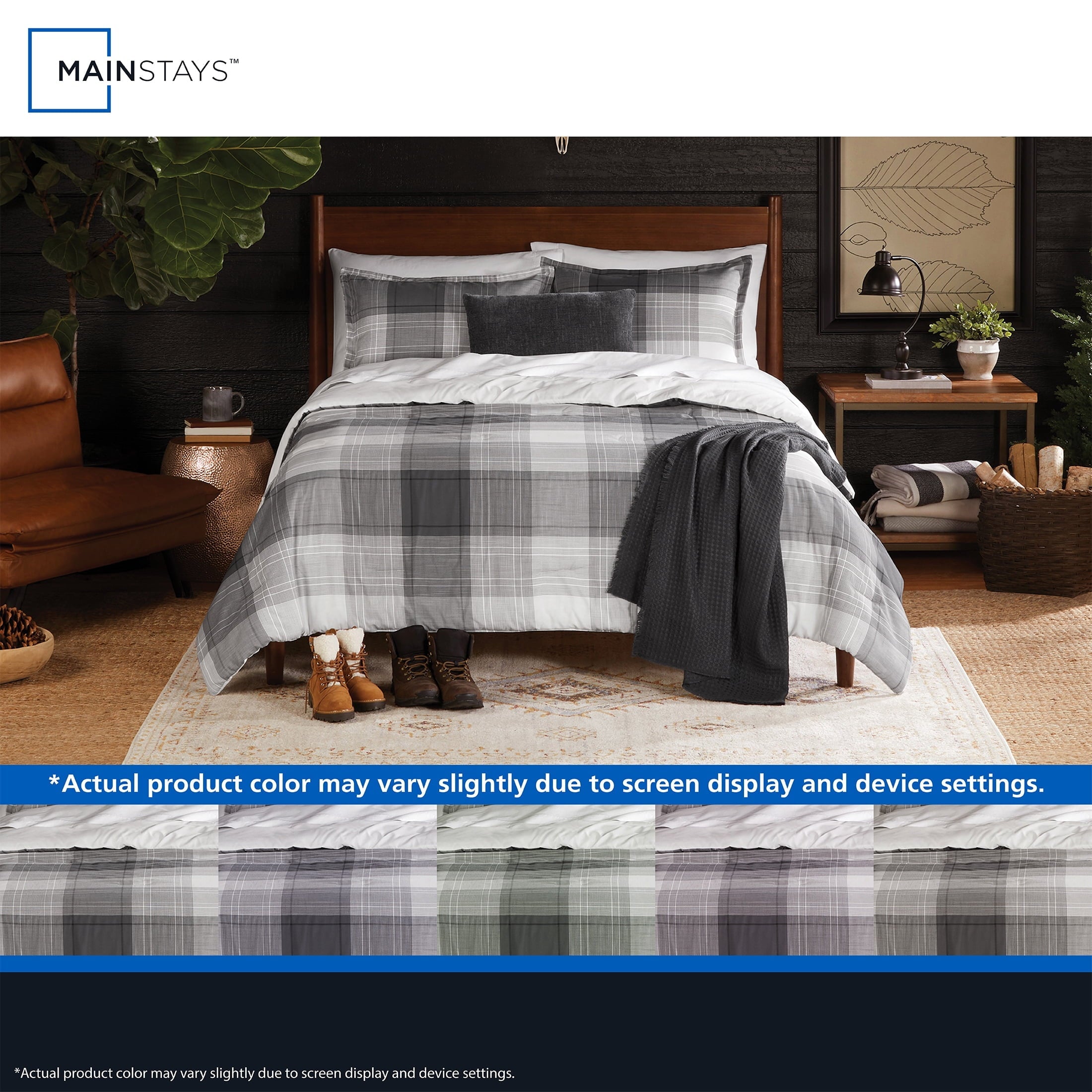 Fluffy Down Alternative Full/Queen Comforter Set, All-Season, 5-Piece, Grey Plaid - Luxurious Quilted Duvet Cover Set Detail
