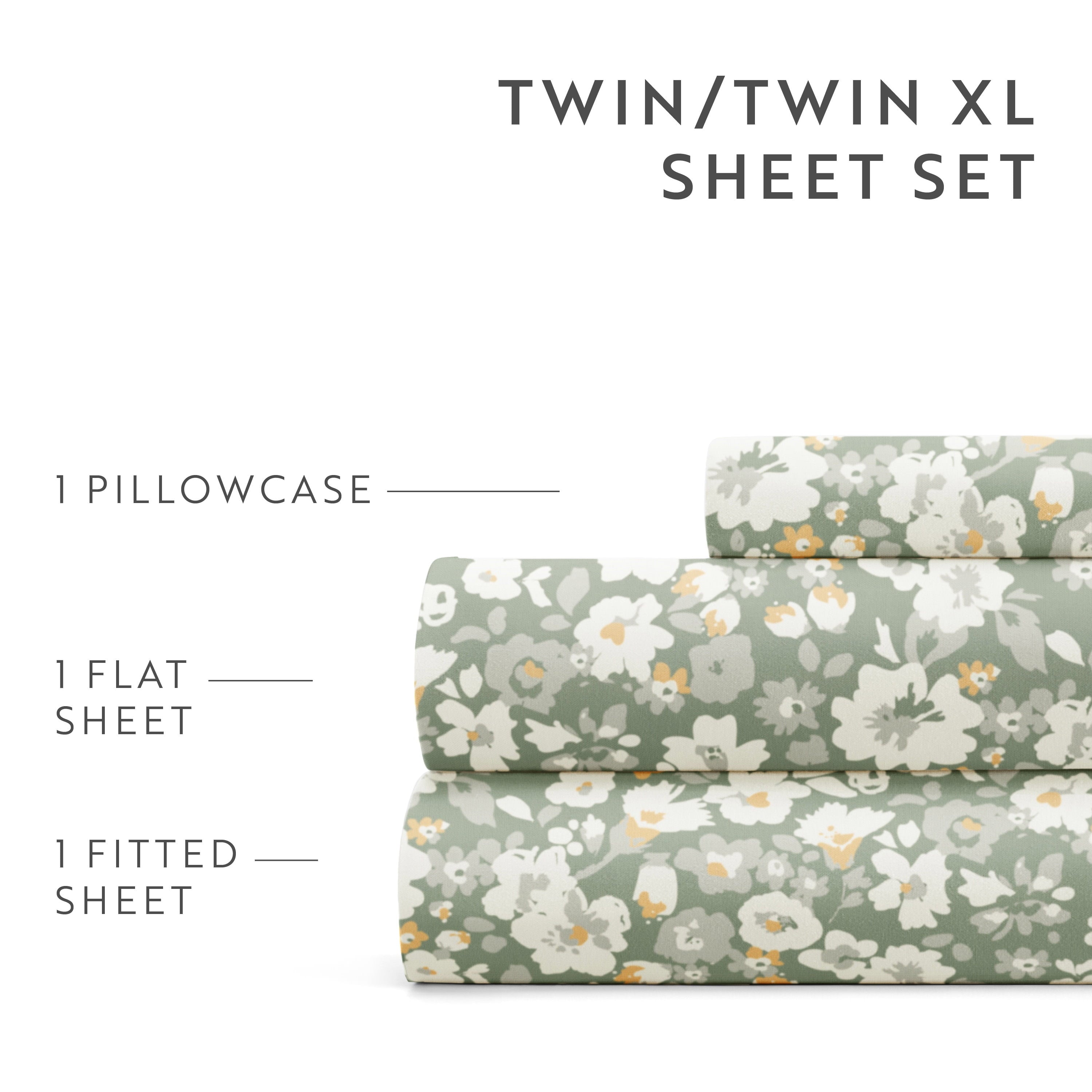 Wrinkle-Resistant 4 Piece Pattern Microfiber Bed Sheets Set, Floral Dream Eucalyptus, Twin - Breathable Egyptian Cotton Flat & Fitted Sheets Detail