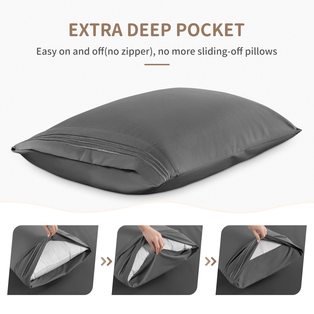 Premium Egyptian Cotton 6 Pieces Bed Sheet Set, 1800 Series Soft Microfiber Queen Sheets with 16" Deep Pocket, Dark Gray - Breathable Egyptian Cotton Flat & Fitted Sheets Detail