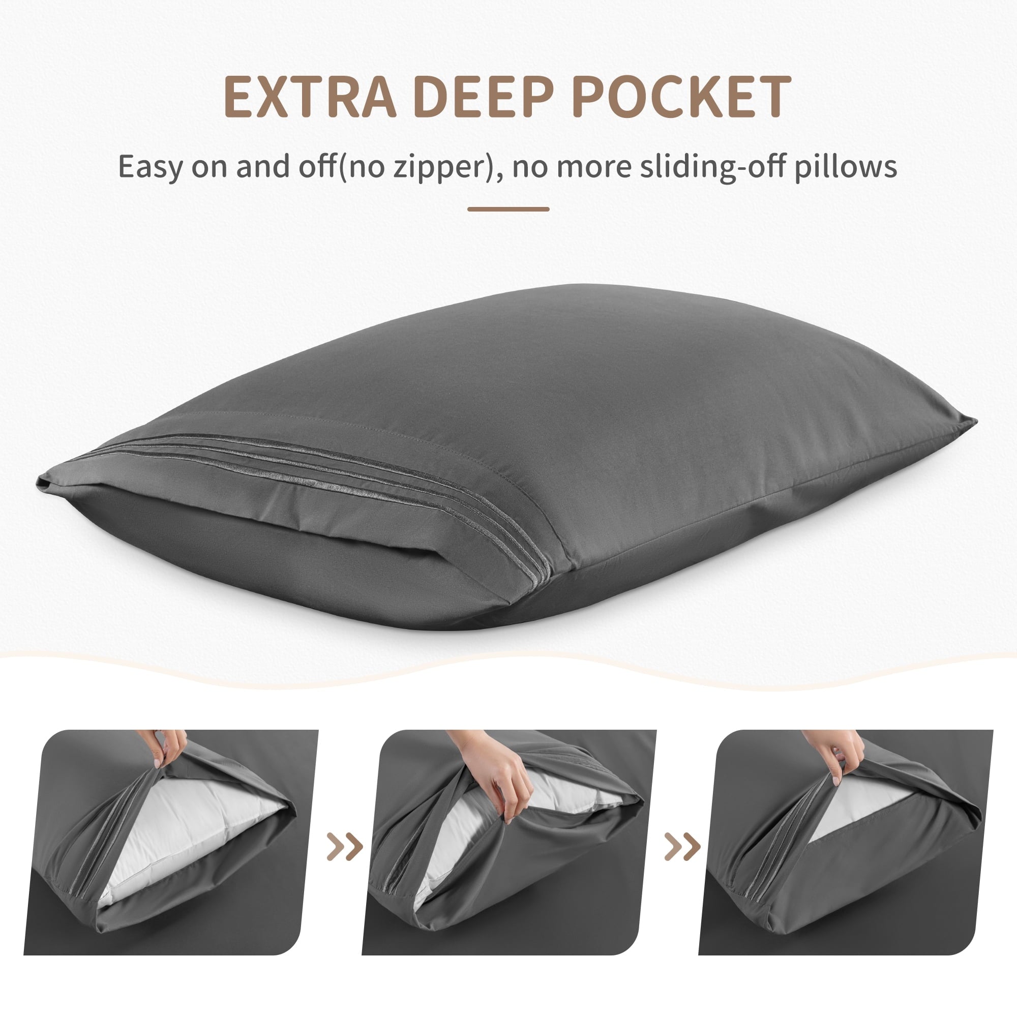Premium Egyptian Cotton 6 Pieces Bed Sheet Set, 1800 Series Soft Microfiber Queen Sheets with 16" Deep Pocket, Dark Gray - Breathable Egyptian Cotton Flat & Fitted Sheets Detail