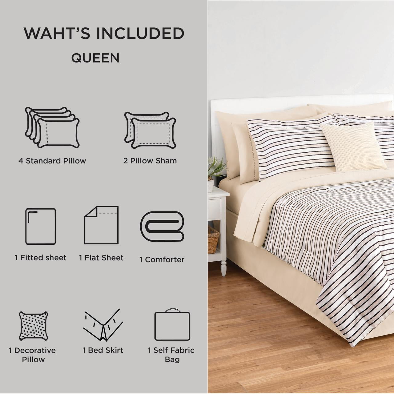 Fluffy Down Alternative Soft Touch Bed in a Bag 11-Piece Reversible Tan & Black Striped Comforter Set with Sheets, Queen - All-Season Down Alternative Comforter Insert Detail