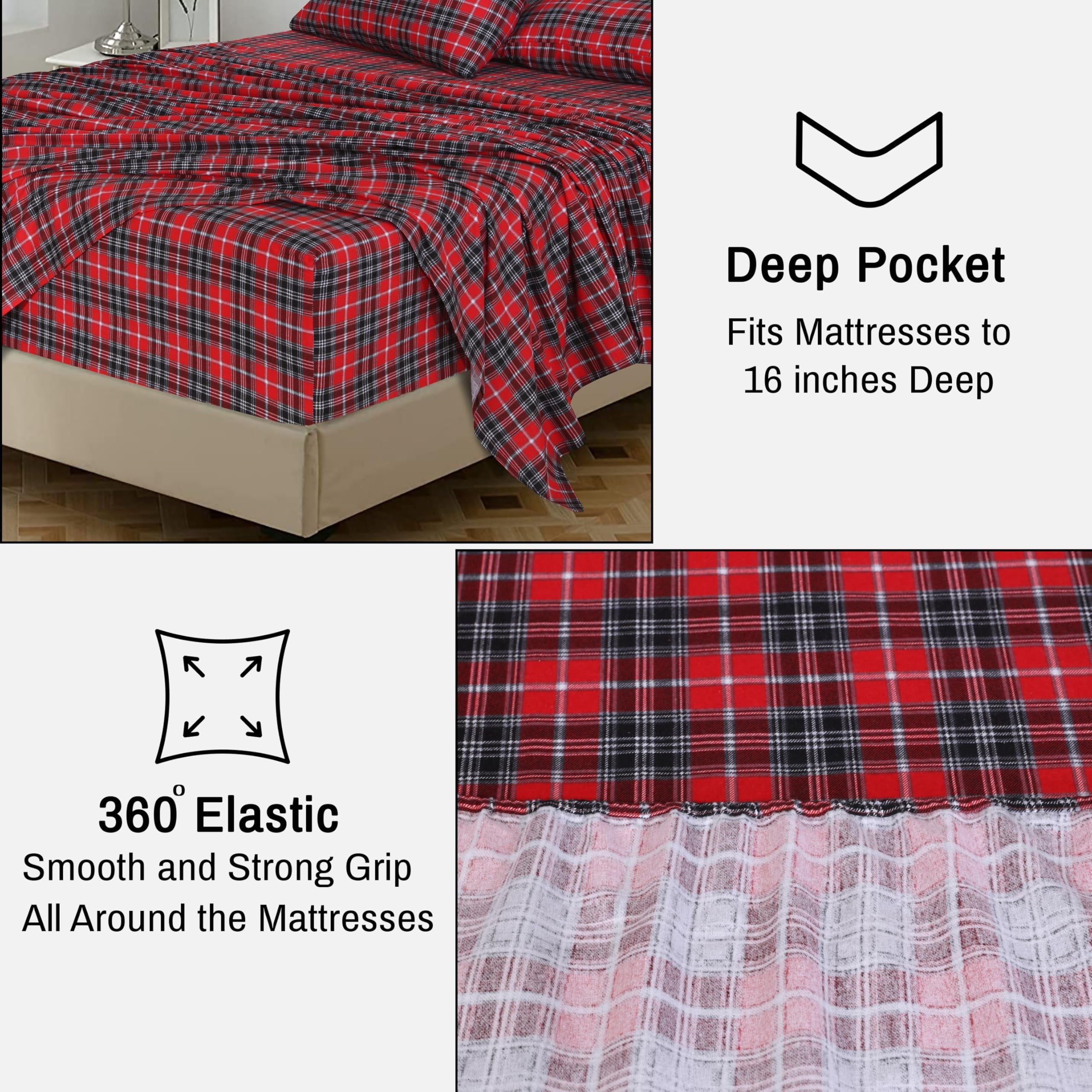 Ultra-Soft Flannel Sheets Queen Size - 100% Cotton Double Brushed Bed Sheets, Deep Pockets 16 Inches Queen Sheet Set, All Season... - Luxury Bed Sheet Set with Deep Pockets Detail