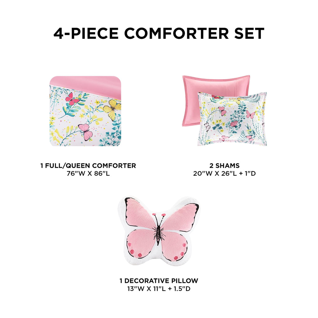Heavyweight Warmth Full/Queen Size Comforter Sets, 4-Piece Kids Bedding Set for Girls, Butterfly Floral Comforter Bed Set, White/Pink - Luxurious Quilted Duvet Cover Set Detail