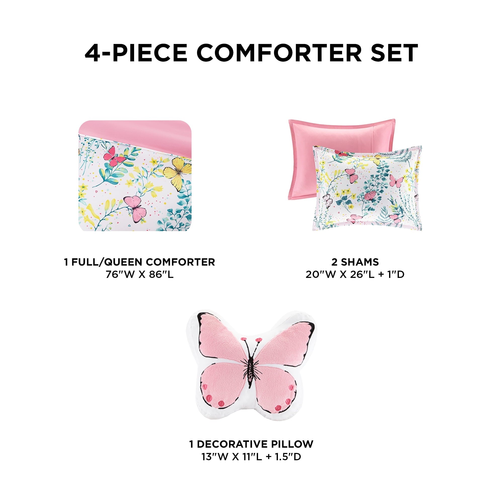 Heavyweight Warmth Full/Queen Size Comforter Sets, 4-Piece Kids Bedding Set for Girls, Butterfly Floral Comforter Bed Set, White/Pink - Luxurious Quilted Duvet Cover Set Detail
