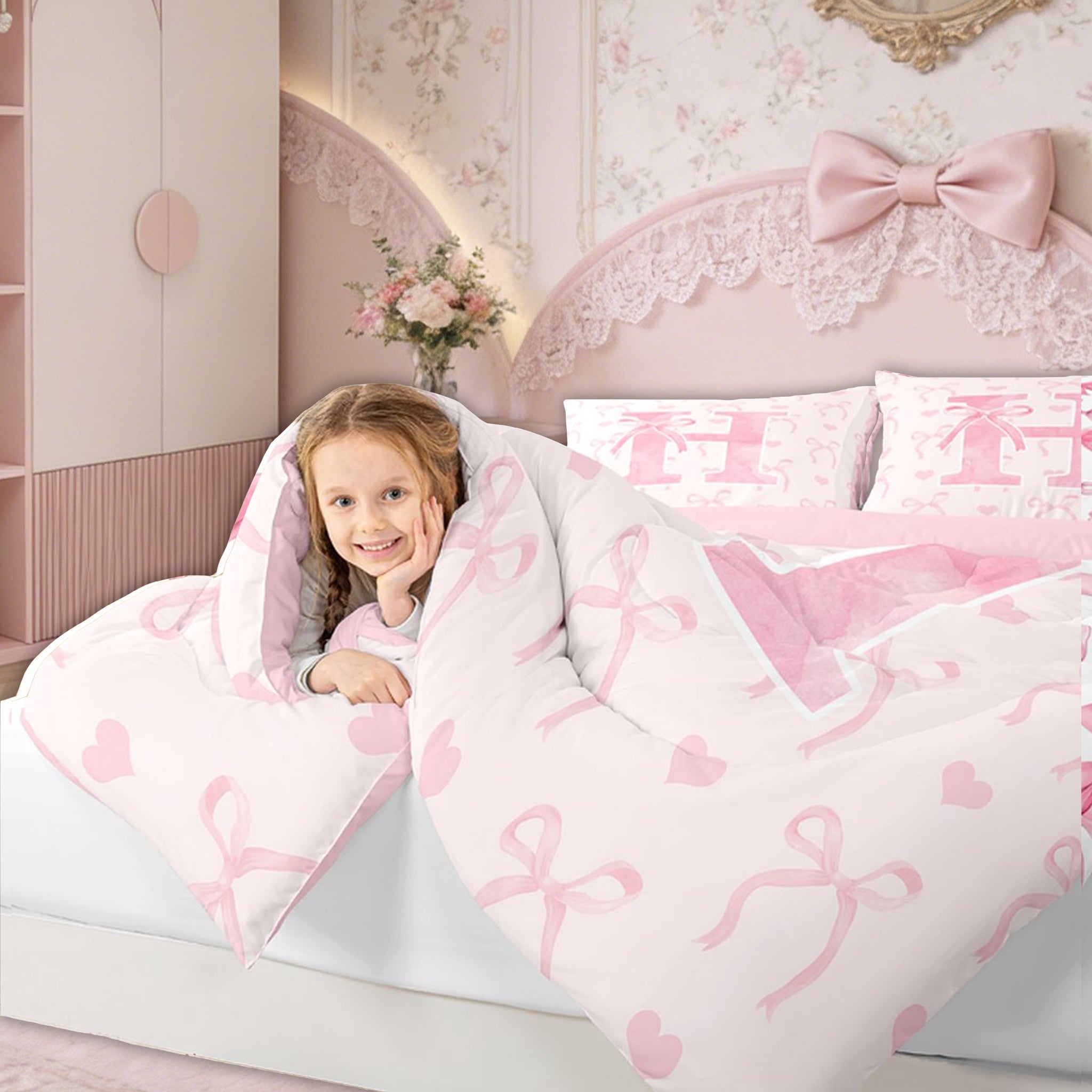 All-Season Kawaii Bowknot Bedding Sets Full with Comforter, Initial H Duvet Insert, Romantic Initial A-Z Decor, Reversible - All-Season Down Alternative Comforter Insert Detail