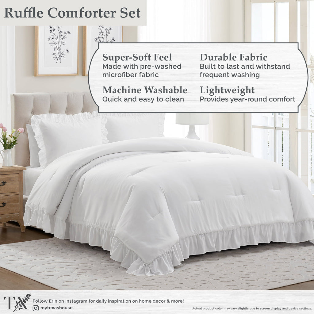 All-Season Full/Queen Comforter Set, All-Season, 3-Piece, White Ruffle - Luxurious Quilted Duvet Cover Set Detail