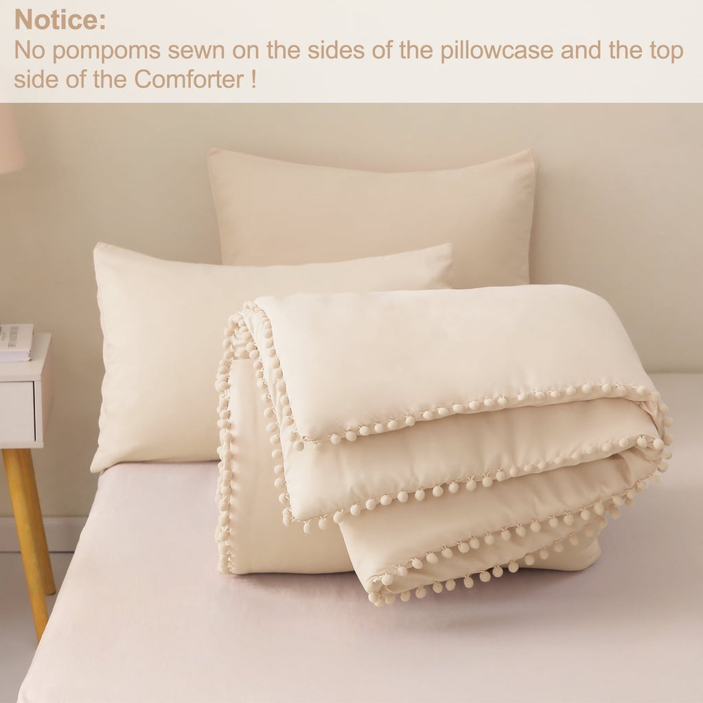 Fluffy Down Alternative Boho Pom Pom Ball Fringe King Size Comforter Set, 3 Pieces Beige Lightweight Down Alternative Bedding Comforter Sets ... - All-Season Down Alternative Comforter Insert Detail