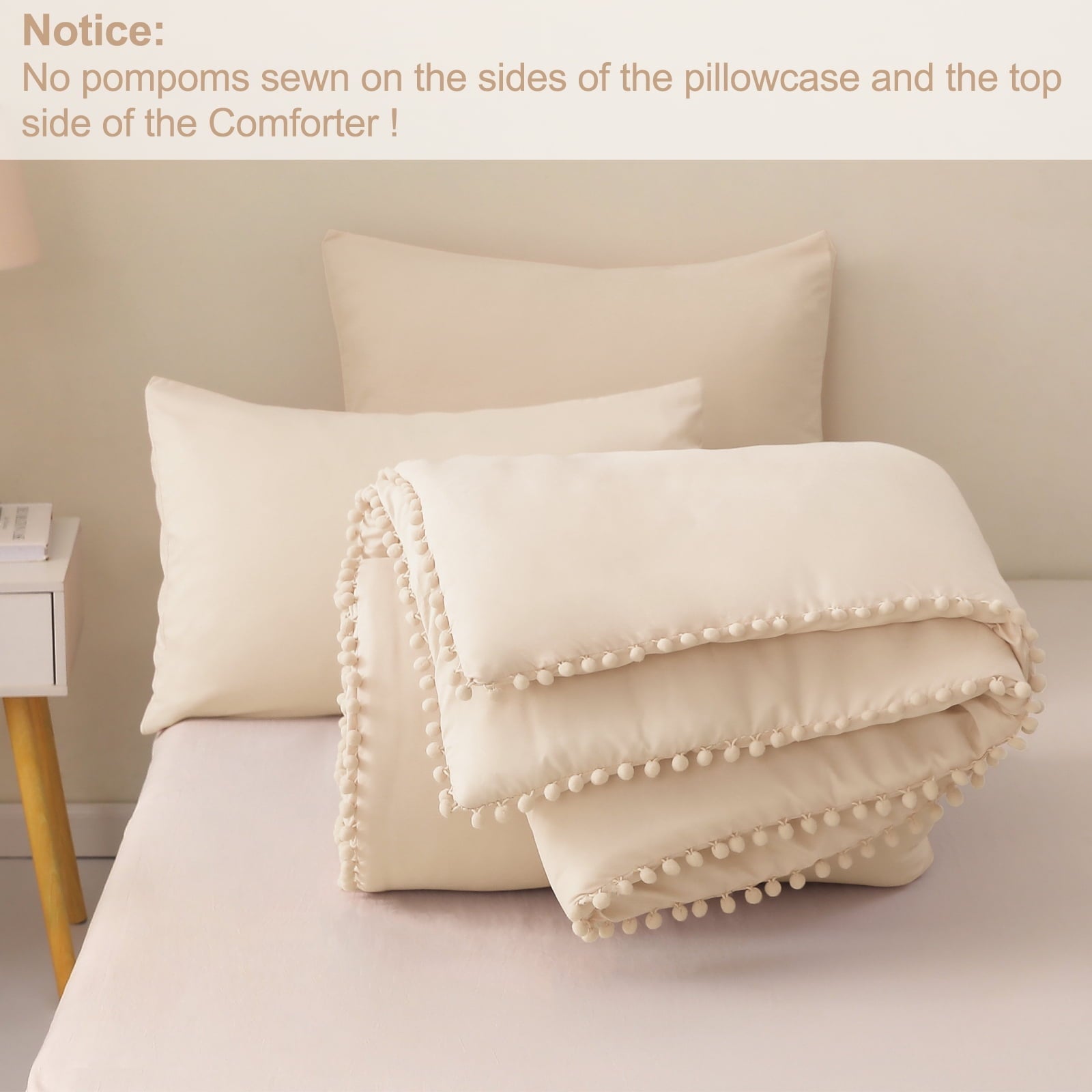 Fluffy Down Alternative Boho Pom Pom Ball Fringe King Size Comforter Set, 3 Pieces Beige Lightweight Down Alternative Bedding Comforter Sets ... - All-Season Down Alternative Comforter Insert Detail